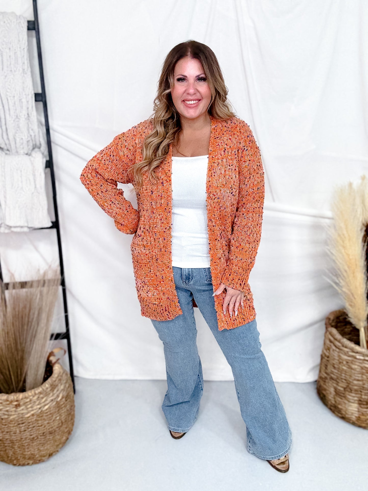 Pumpkin Orange Cardigan With Rainbow Confetti Dots
