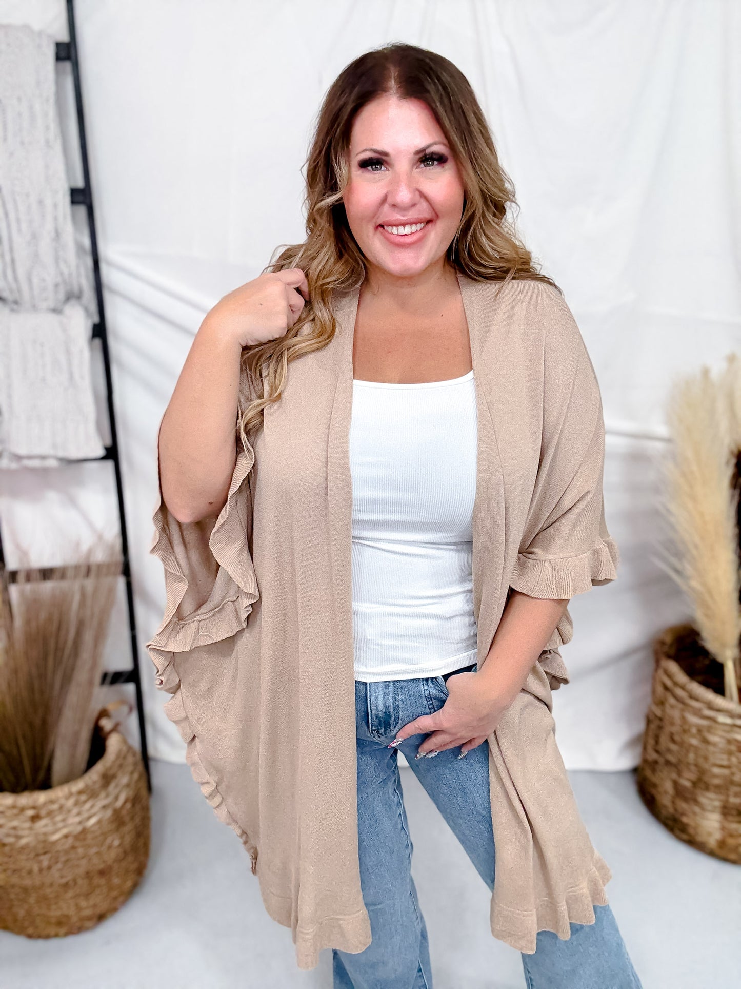 Khaki Ruffled Hem Open Front Cardigan