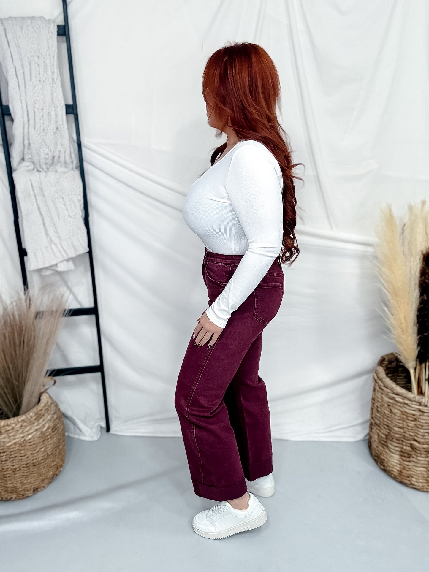 Saige Denim Burgundy Cropped Cuffed Straight Leg Jeans