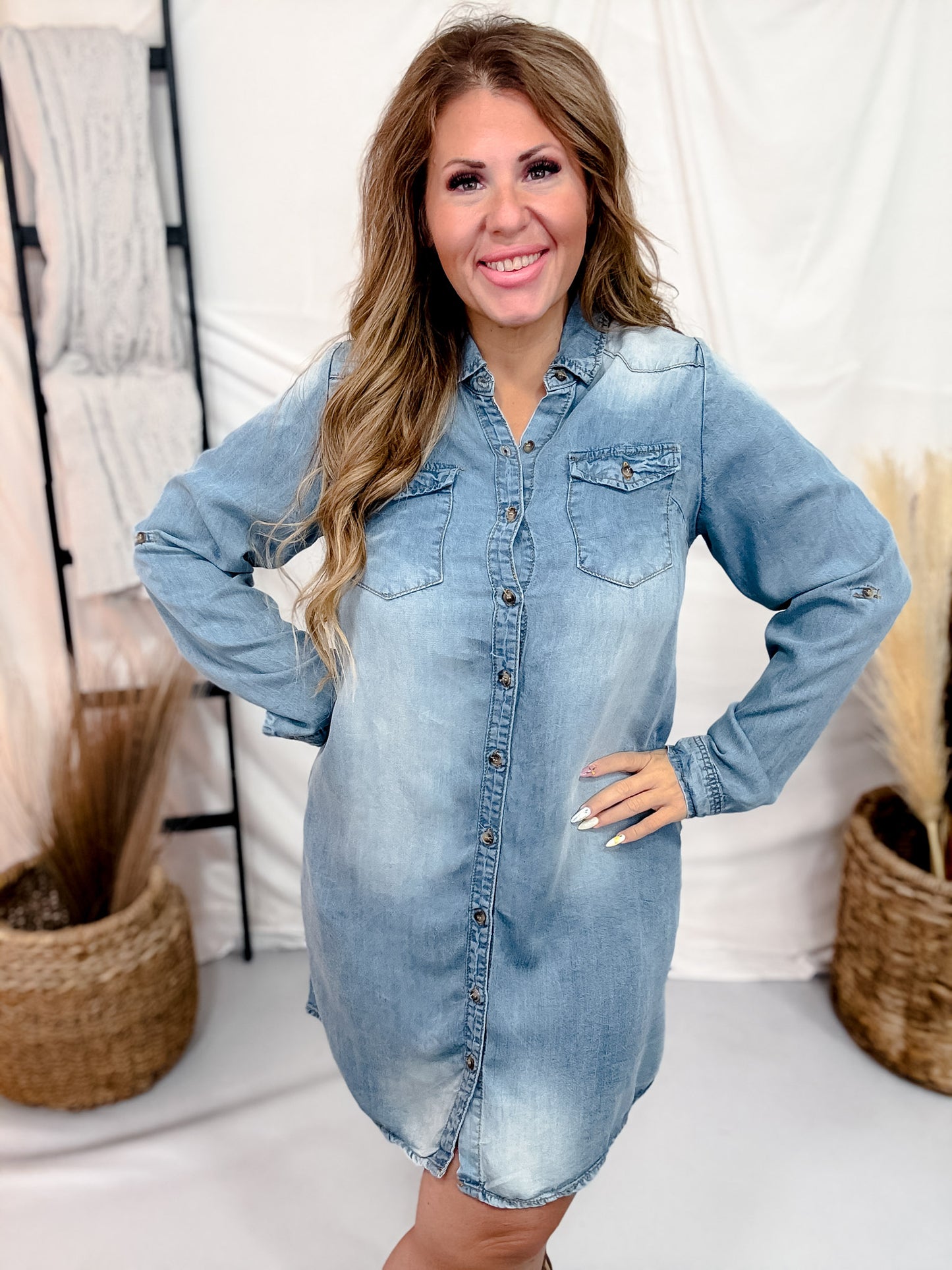 Long Sleeve Light Denim Button Front Shirt Dress