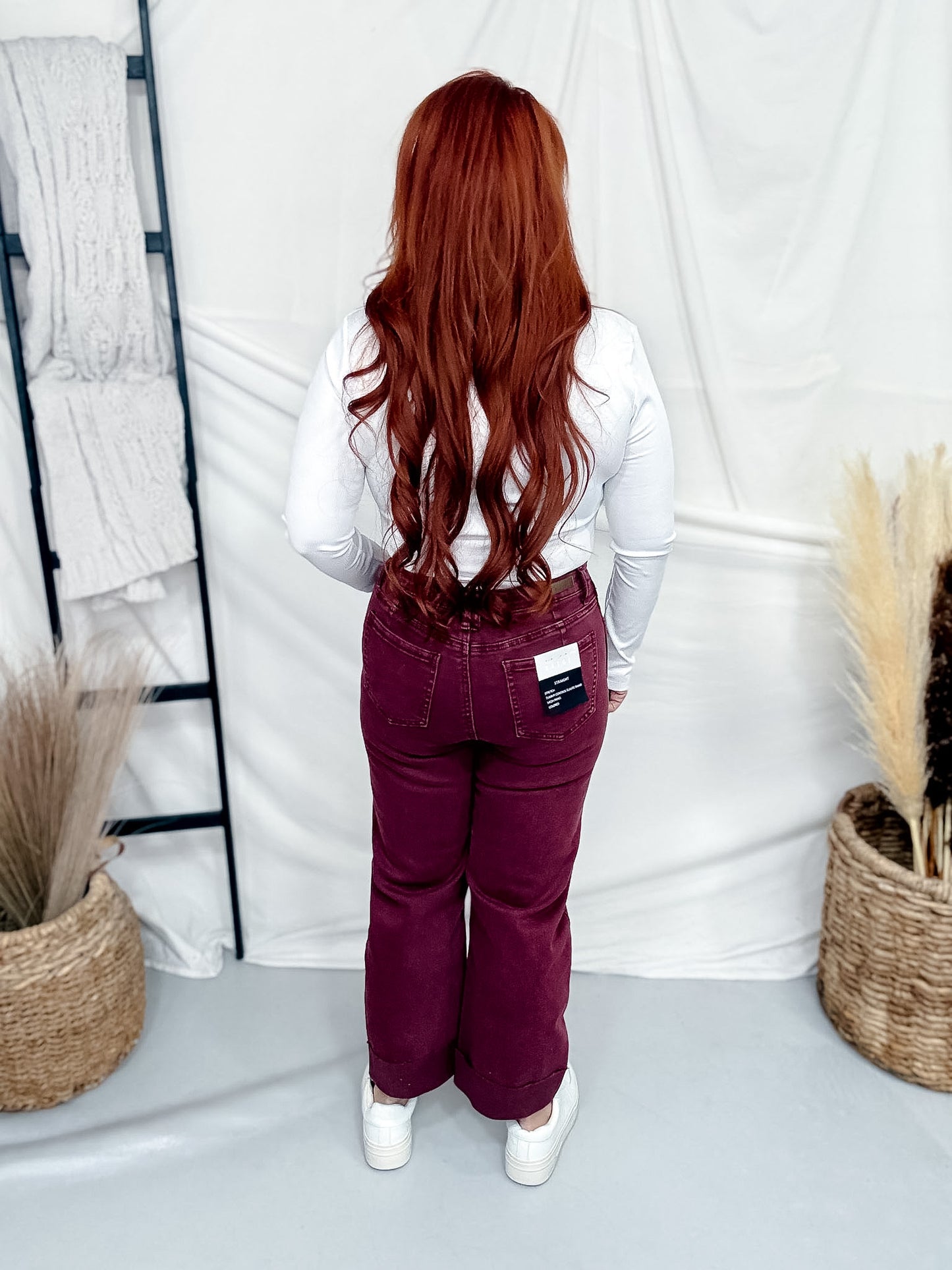 Saige Denim Burgundy Cropped Cuffed Straight Leg Jeans