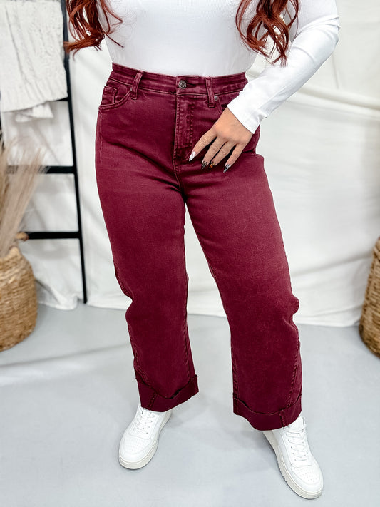 Saige Denim Burgundy Cropped Cuffed Straight Leg Jeans