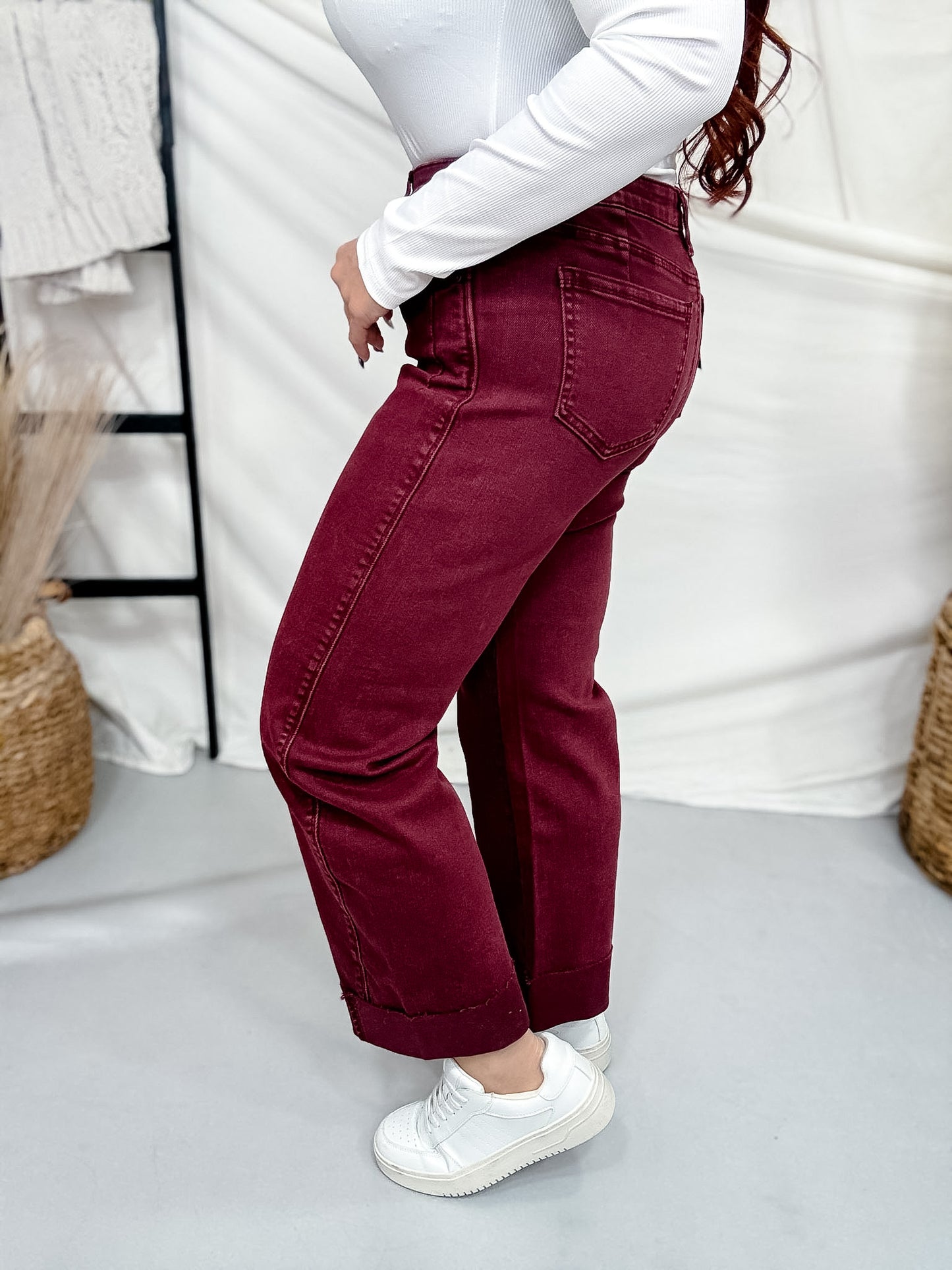 Saige Denim Burgundy Cropped Cuffed Straight Leg Jeans