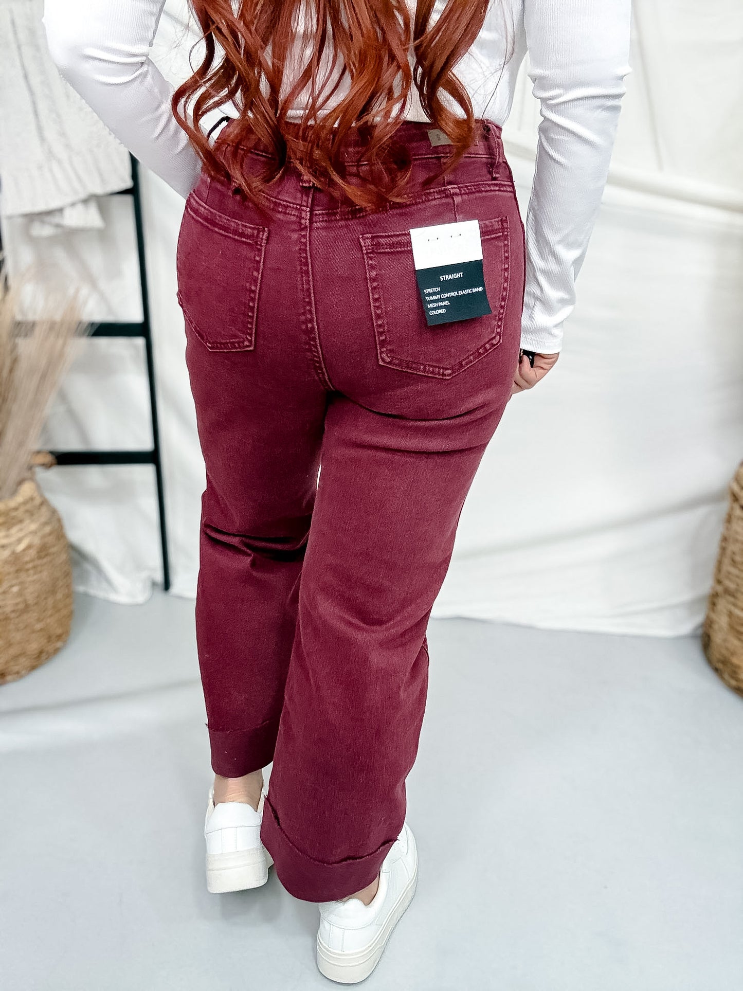 Saige Denim Burgundy Cropped Cuffed Straight Leg Jeans