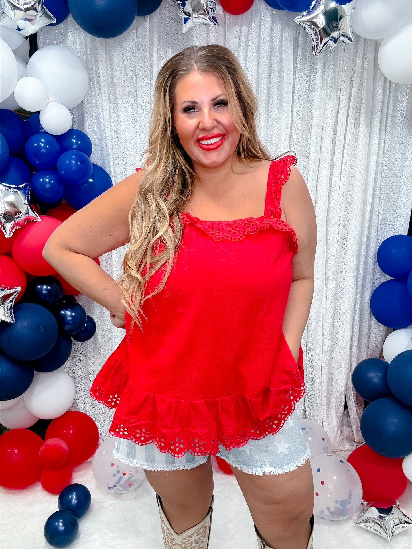Red Ruffled Tank Top with Scalloped Eyelet Details