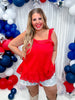 Red Ruffled Tank Top with Scalloped Eyelet Details