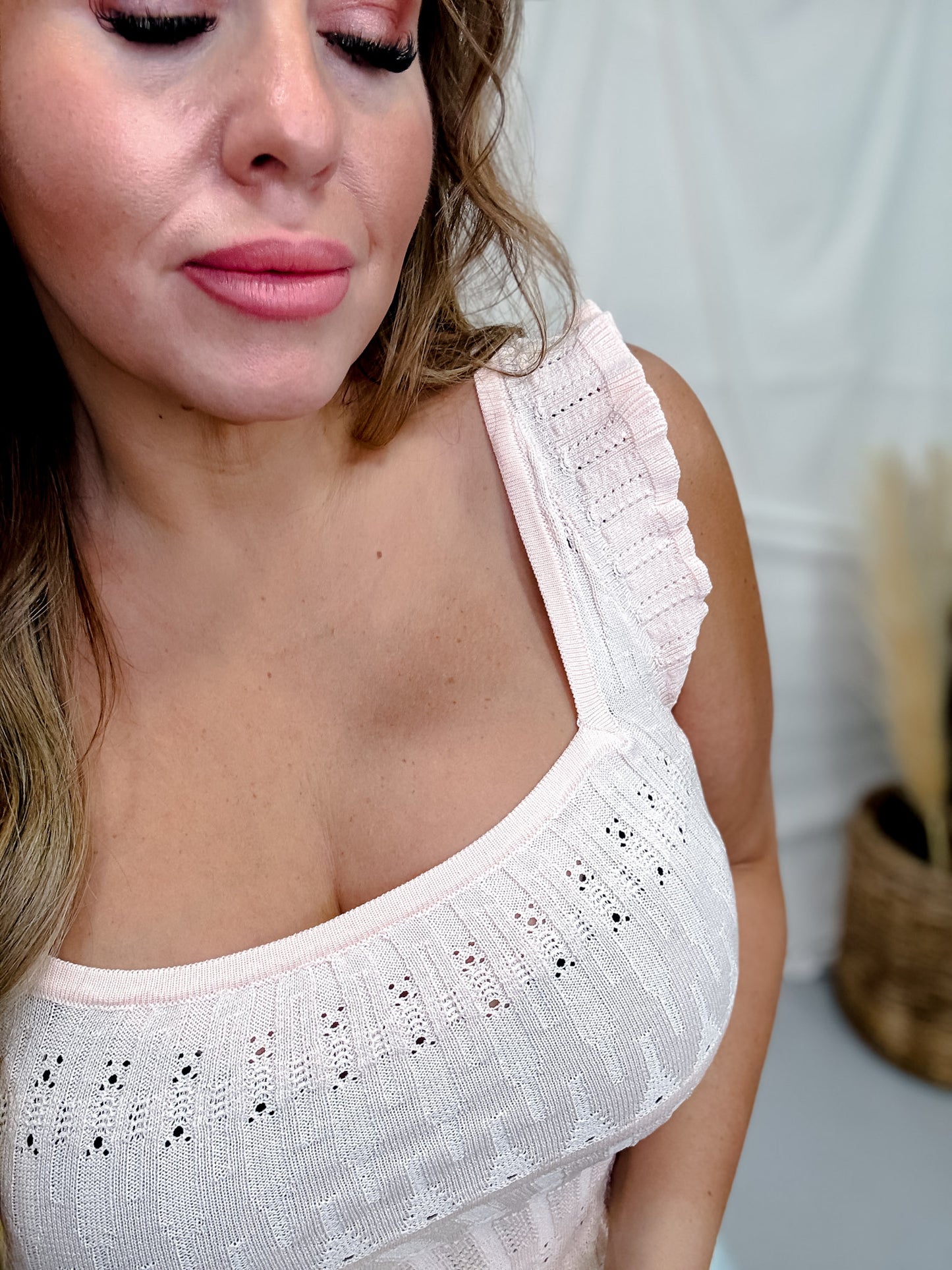 Square Neck Knit Tank Top With Ruffle Sleeves In Pale Peach