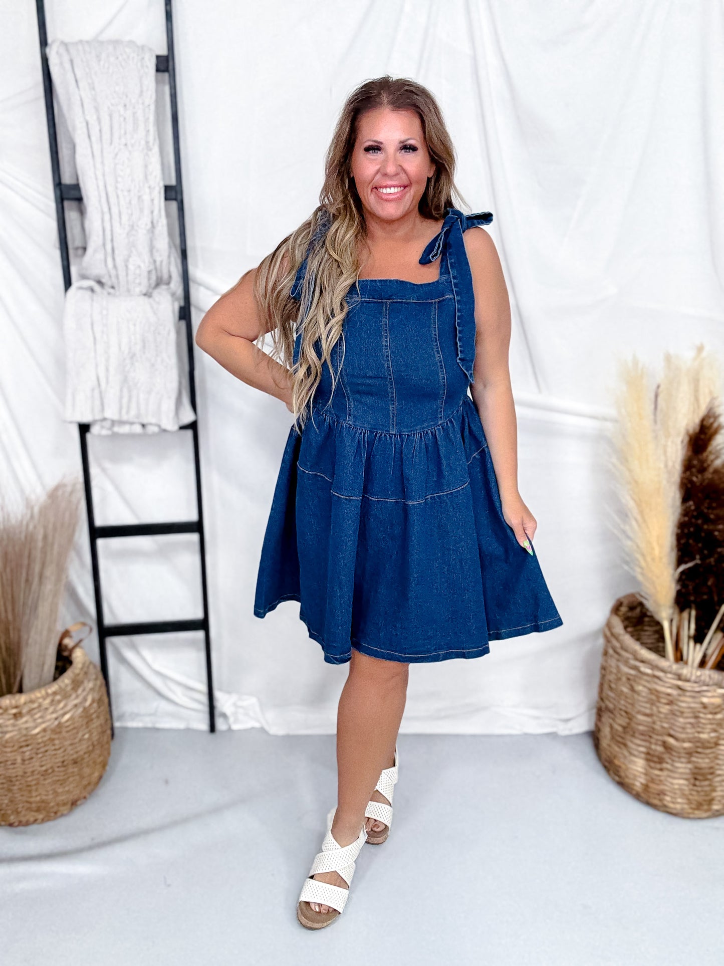 Dark Wash Denim Tie-Strap Mini Dress