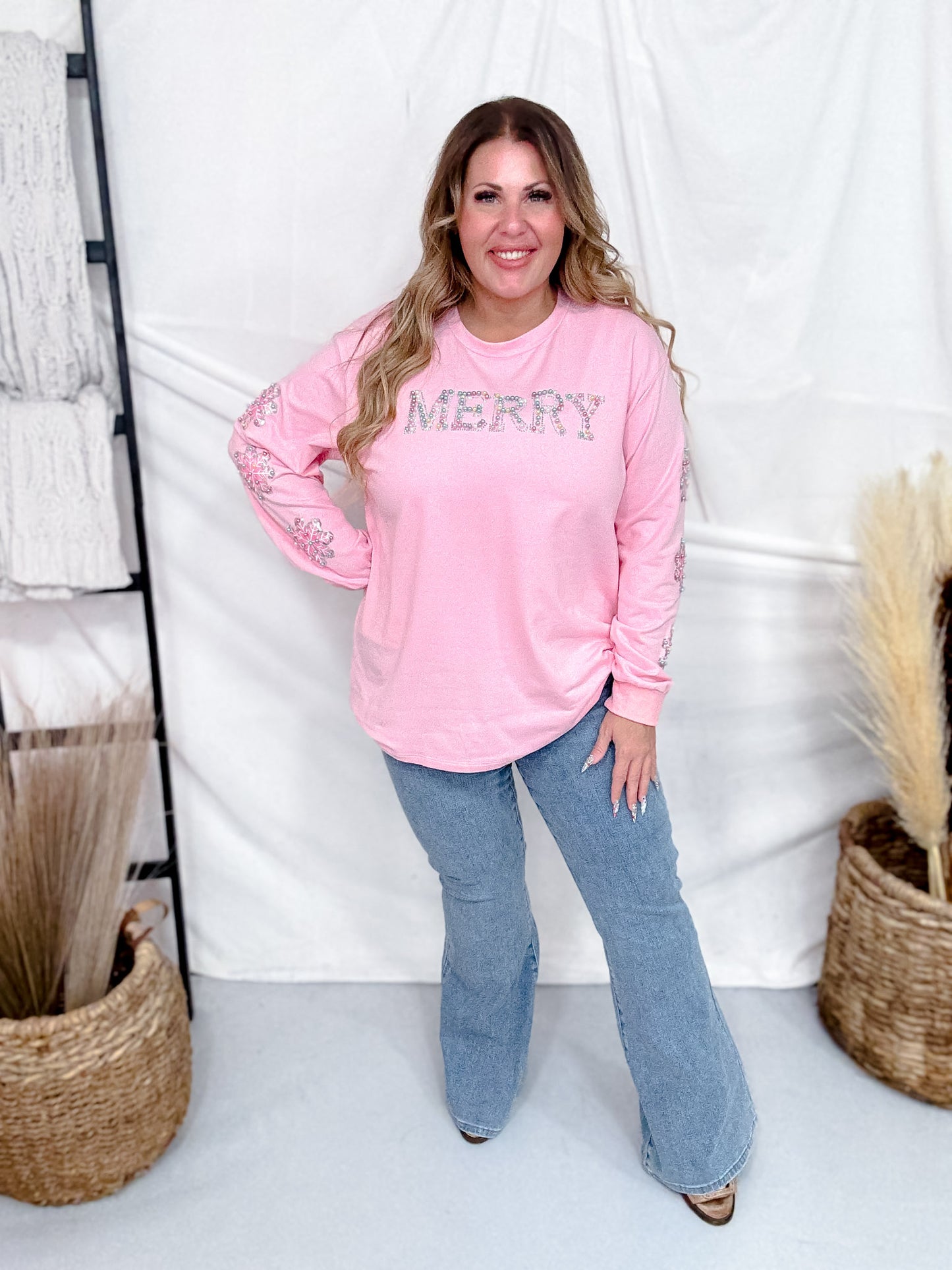 Pink Sweatshirt With "Merry" Pearl Front