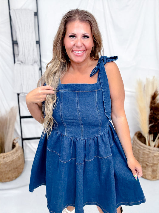 Dark Wash Denim Tie-Strap Mini Dress