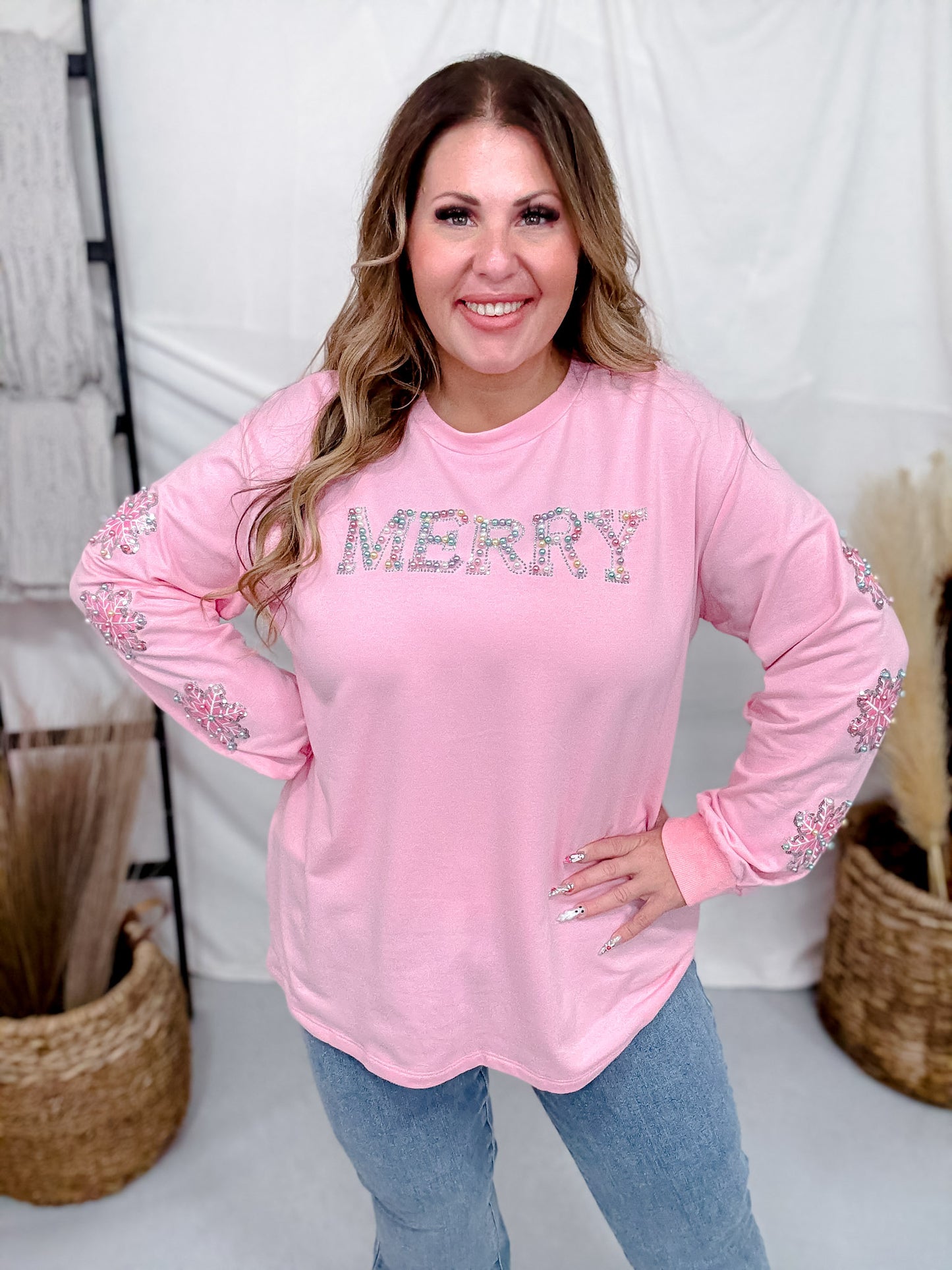 Pink Sweatshirt With "Merry" Pearl Front