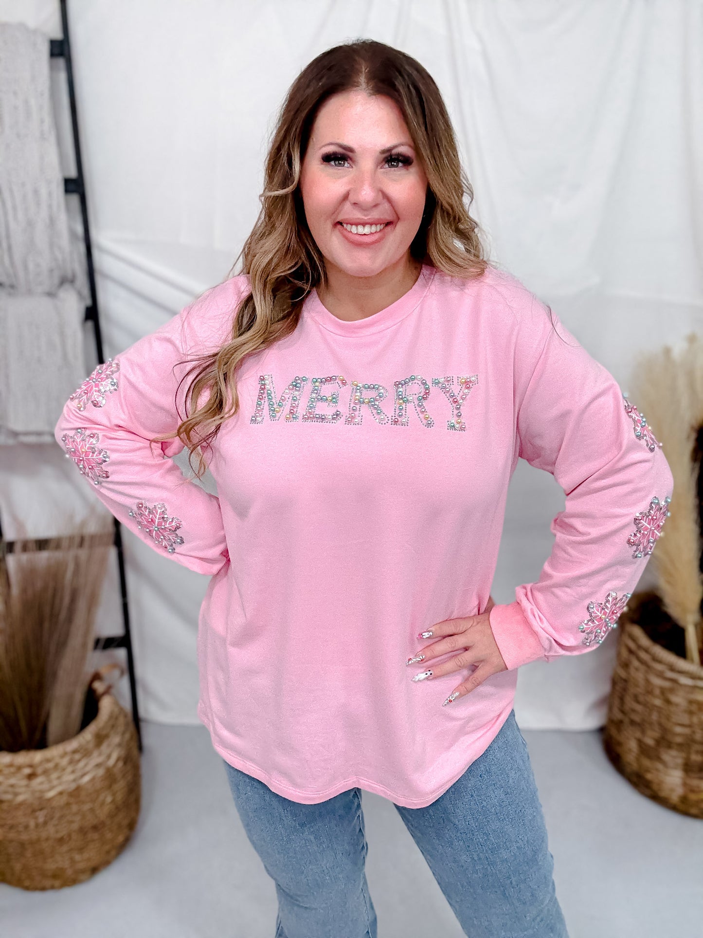 Pink Sweatshirt With "Merry" Pearl Front