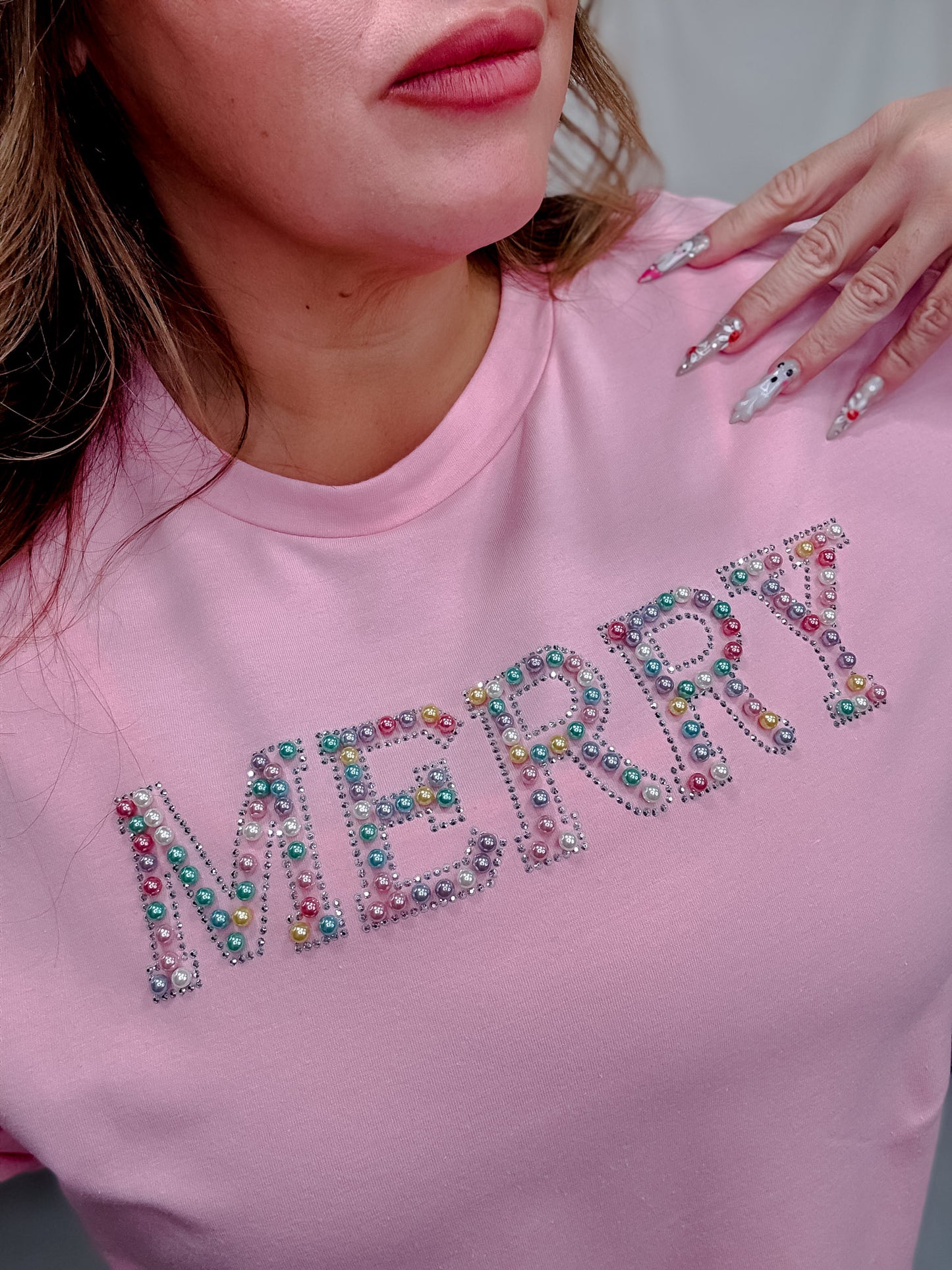 Pink Sweatshirt With "Merry" Pearl Front