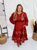 Floral Embroidered Brick Red Dress with Smocked Waist