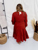 Floral Embroidered Brick Red Dress with Smocked Waist