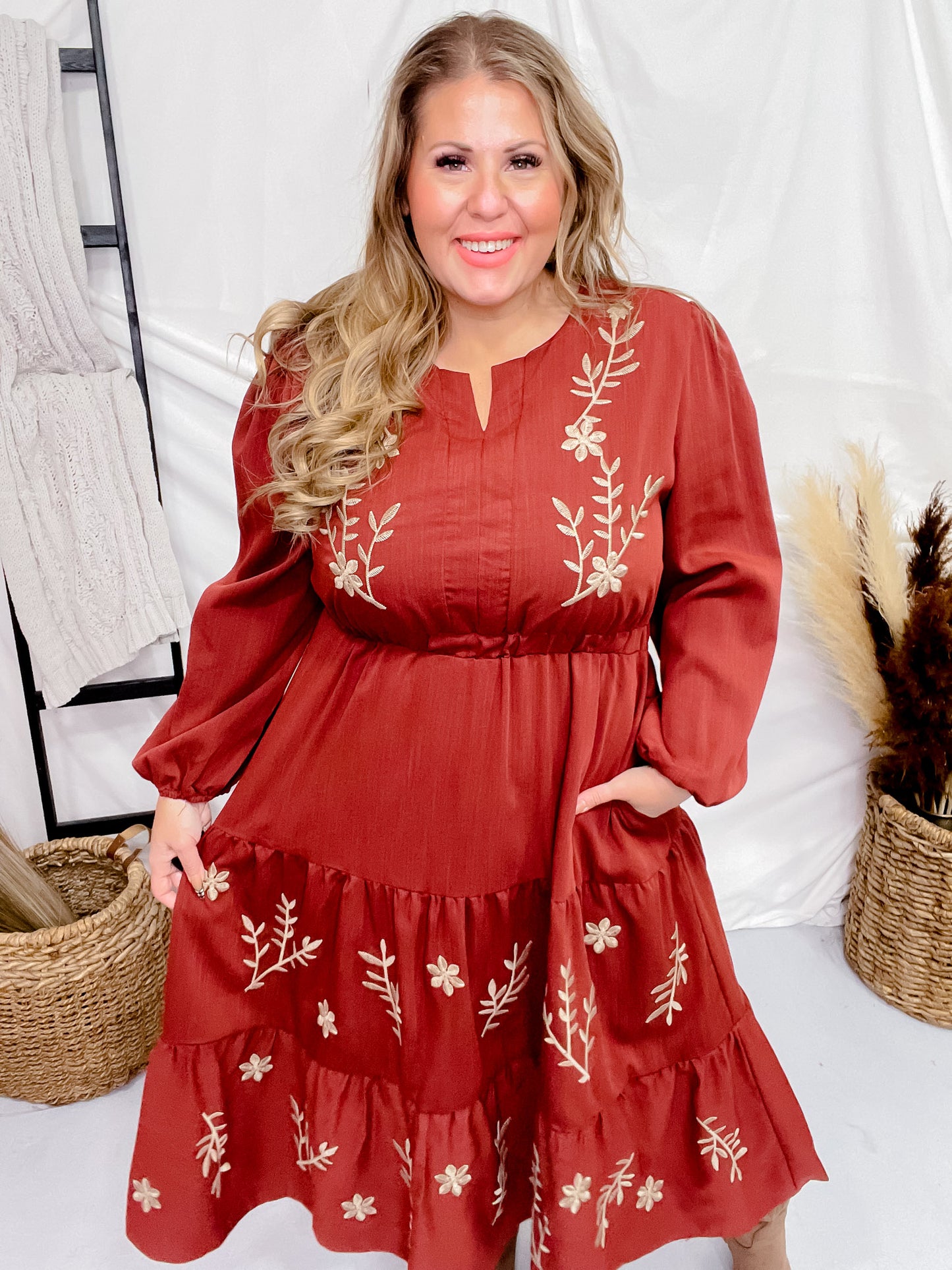 Floral Embroidered Brick Red Dress with Smocked Waist
