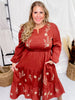 Floral Embroidered Brick Red Dress with Smocked Waist