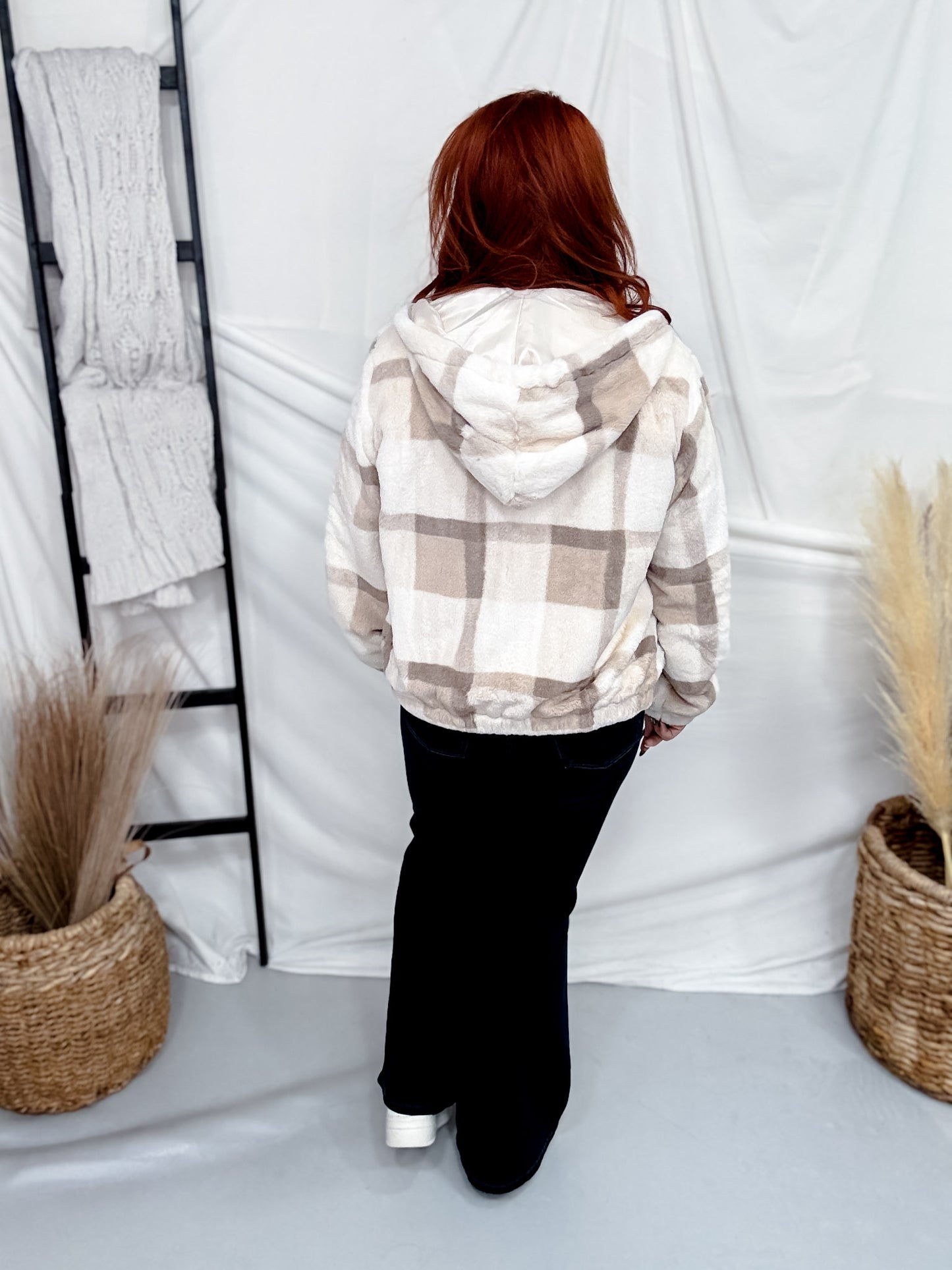 Cream & Brown Plaid Fleece Zip Up Hooded Jacket
