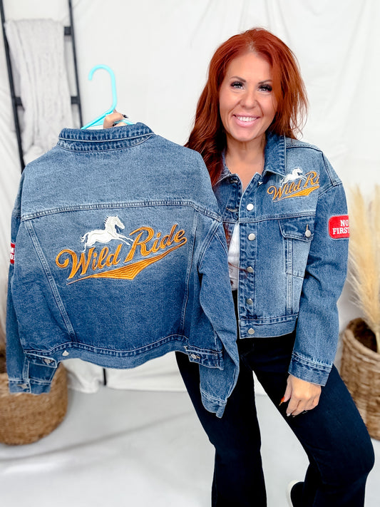 Wild Ride Midi Denim Jacket With Patches & Embroidery