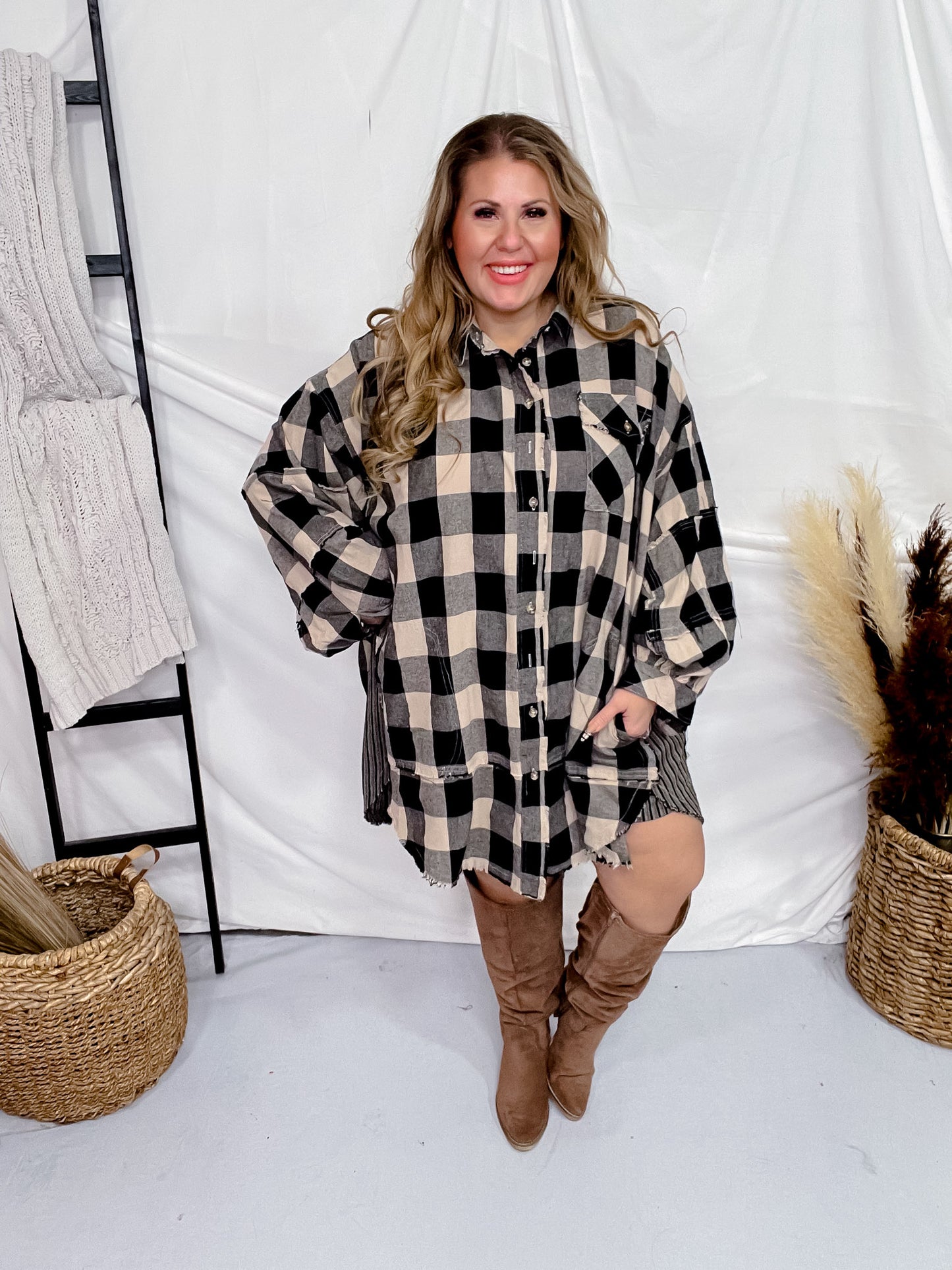 Black and Taupe Plaid Tunic Dress