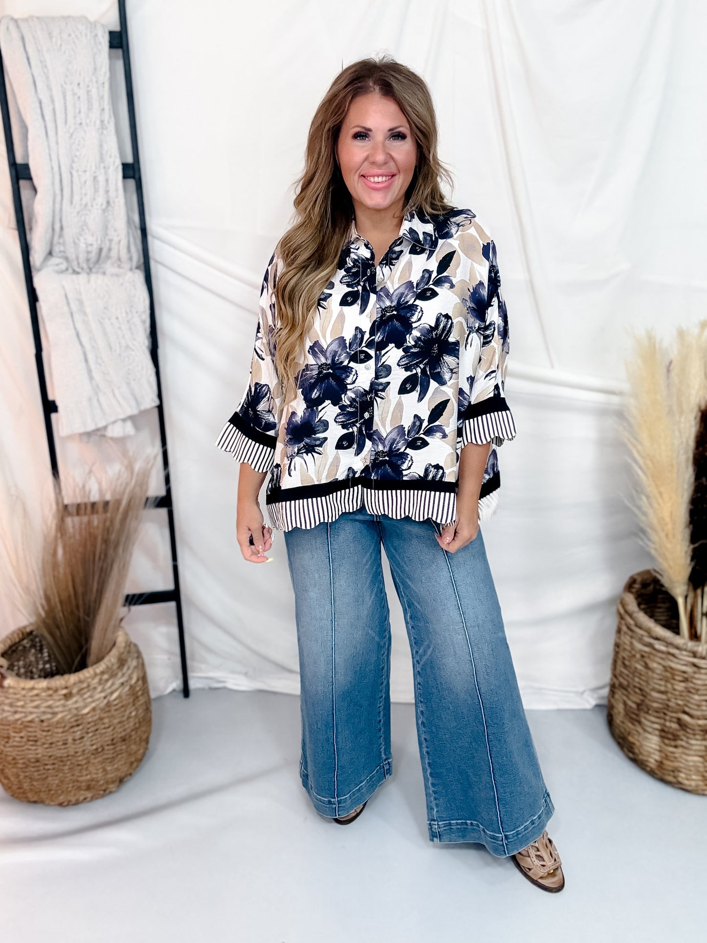 Floral Print Top With Contrasting Striped Hems