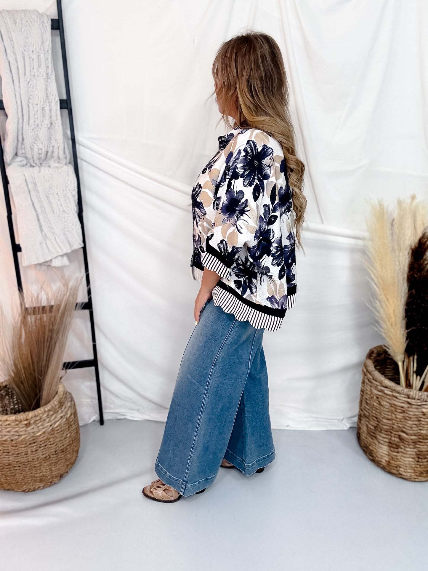 Floral Print Top With Contrasting Striped Hems