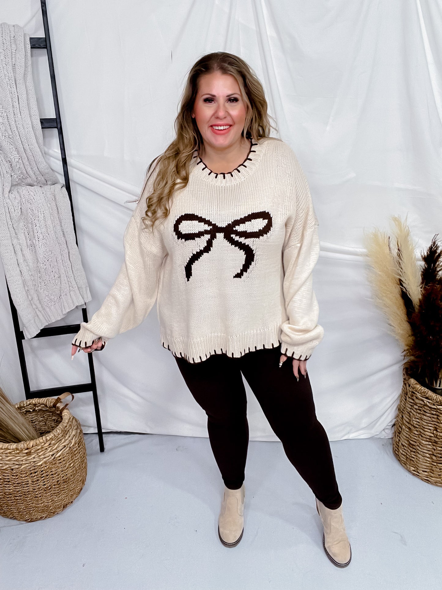 Cream and Brown Pullover Sweater with Bow
