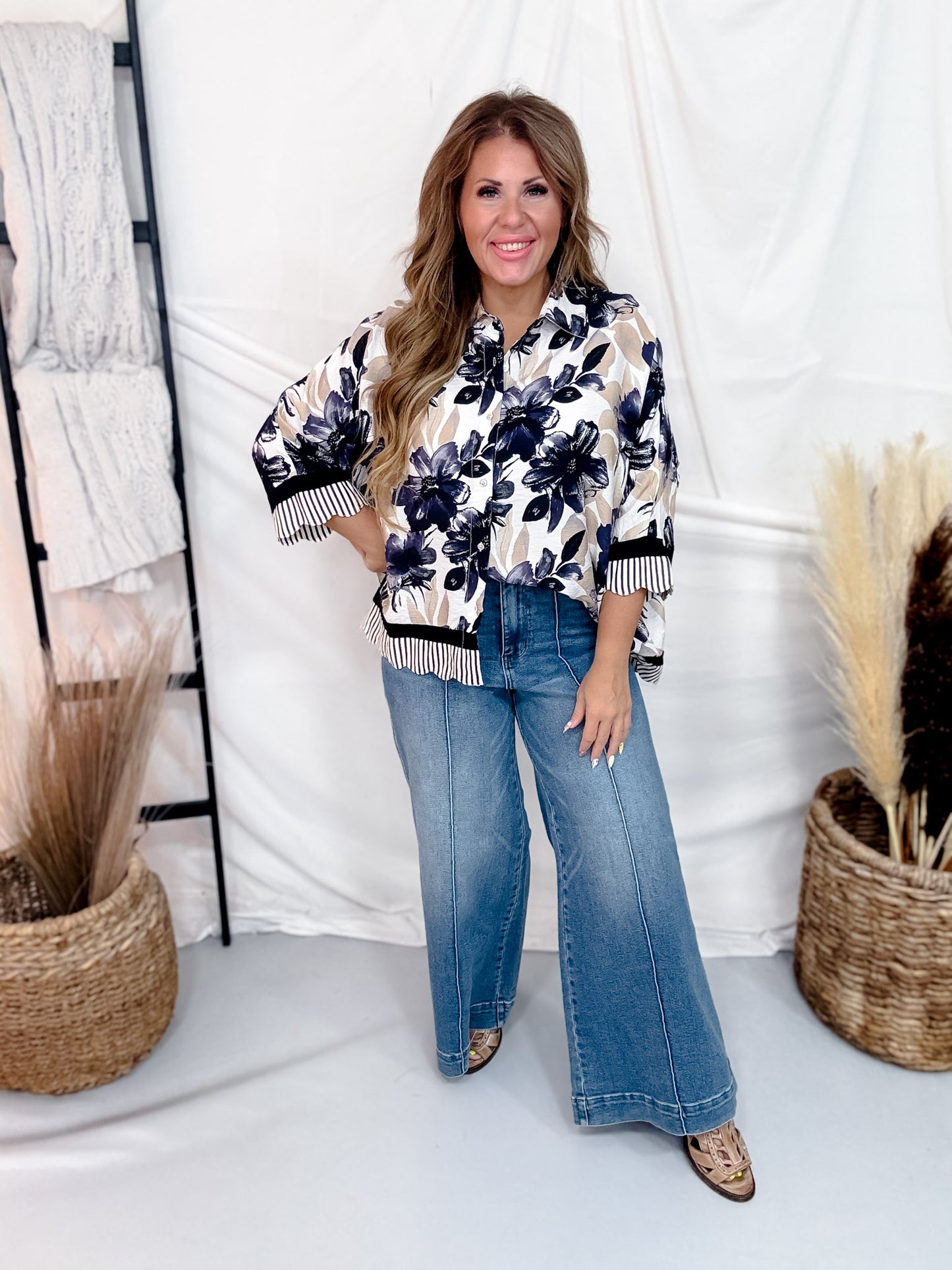 Floral Print Top With Contrasting Striped Hems
