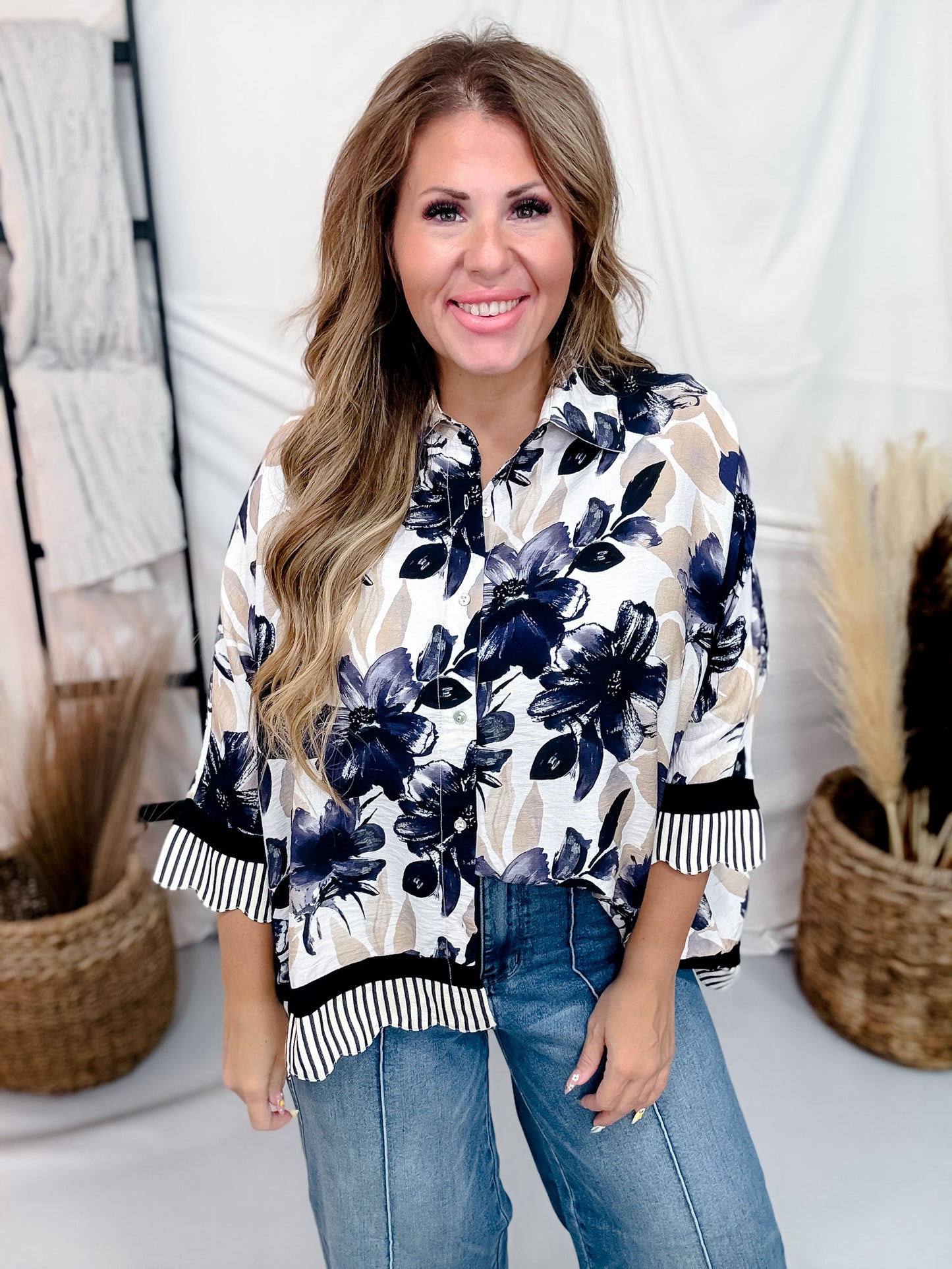Floral Print Top With Contrasting Striped Hems