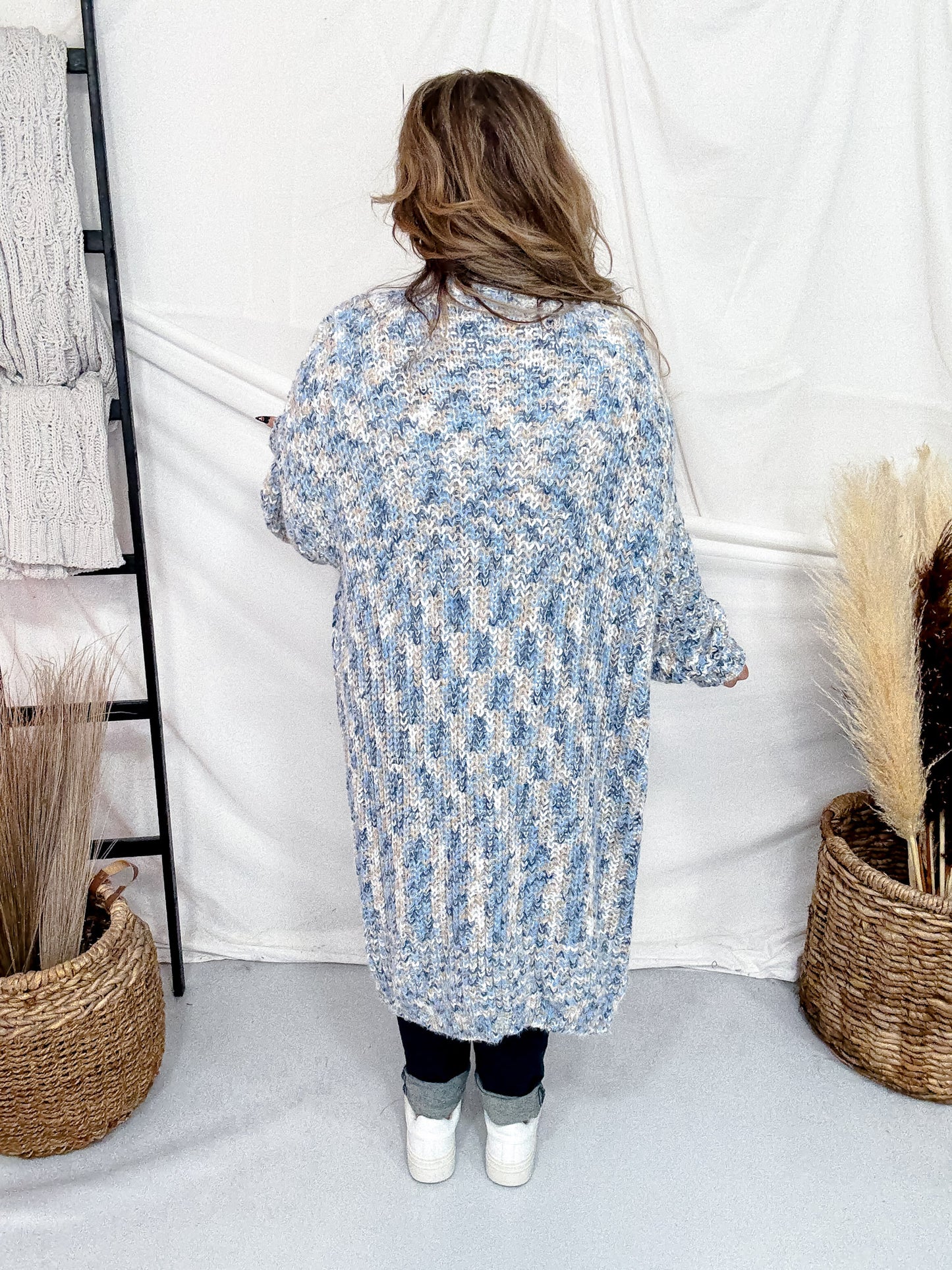 Taupe & Blue Space Dyed Long Sleeve Cardigan Duster