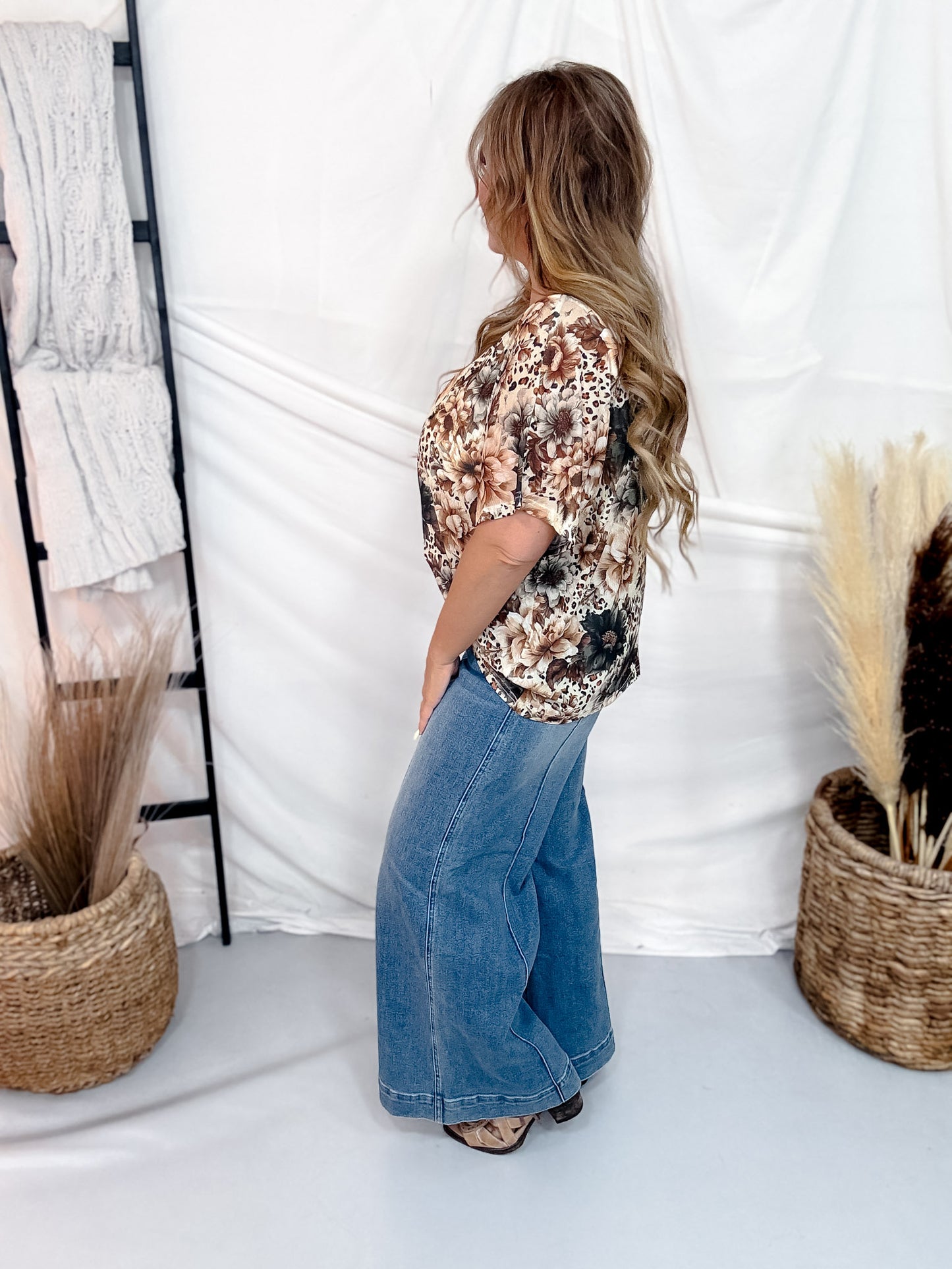 Leopard & Floral Print Short Sleeve Mesh Top