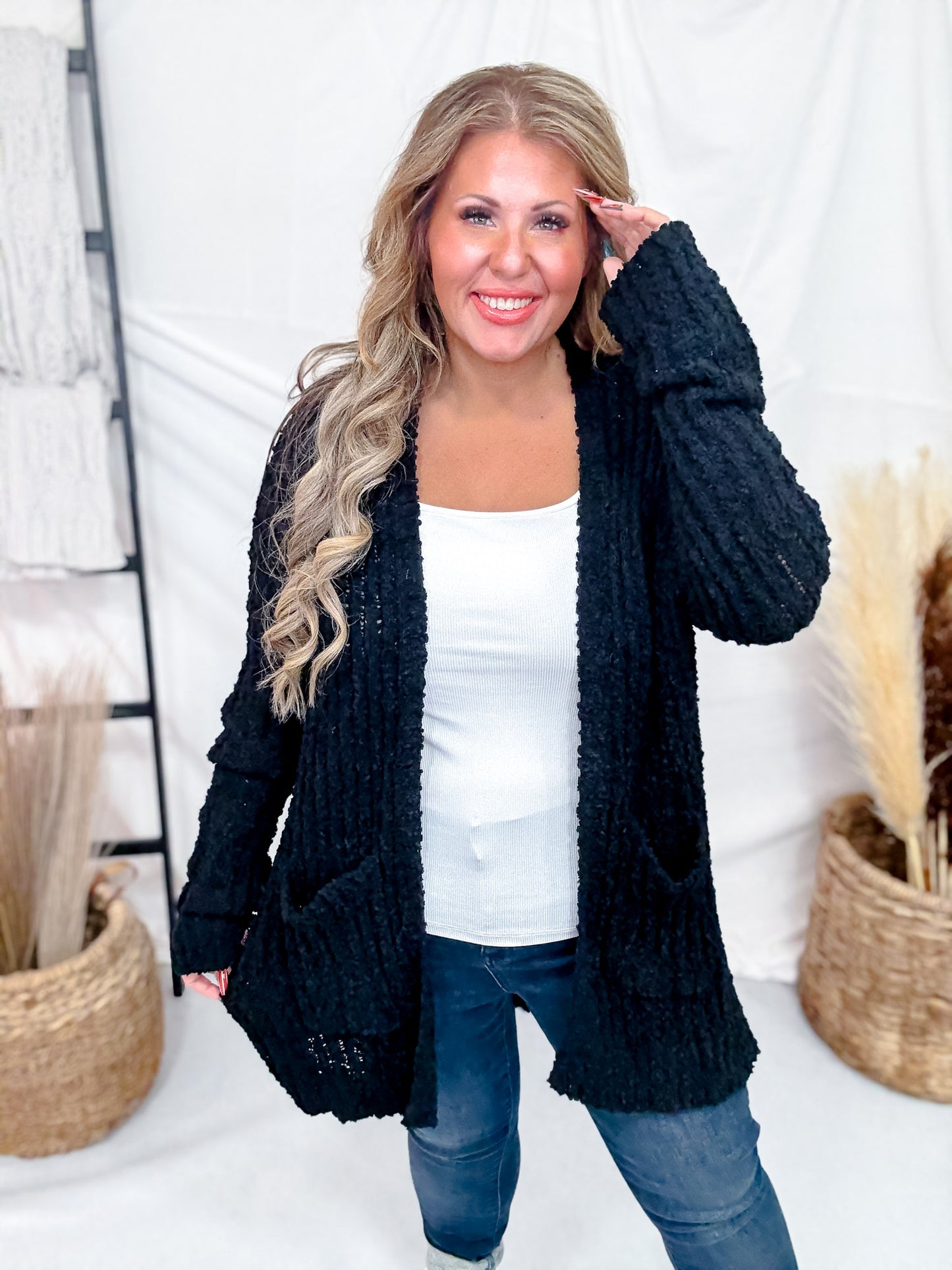 Black Open Front Popcorn Textured Cardigan