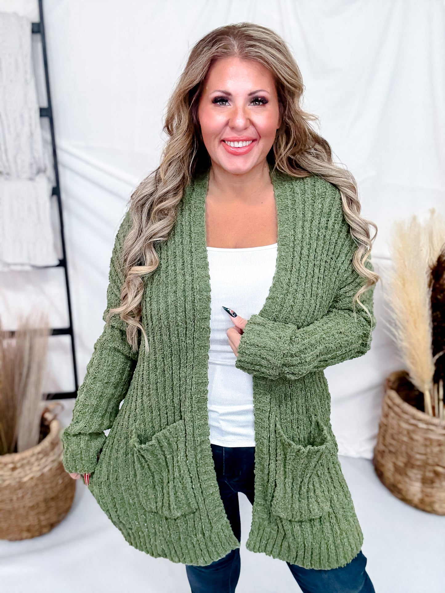 Olive Green Open Front Popcorn Textured Cardigan