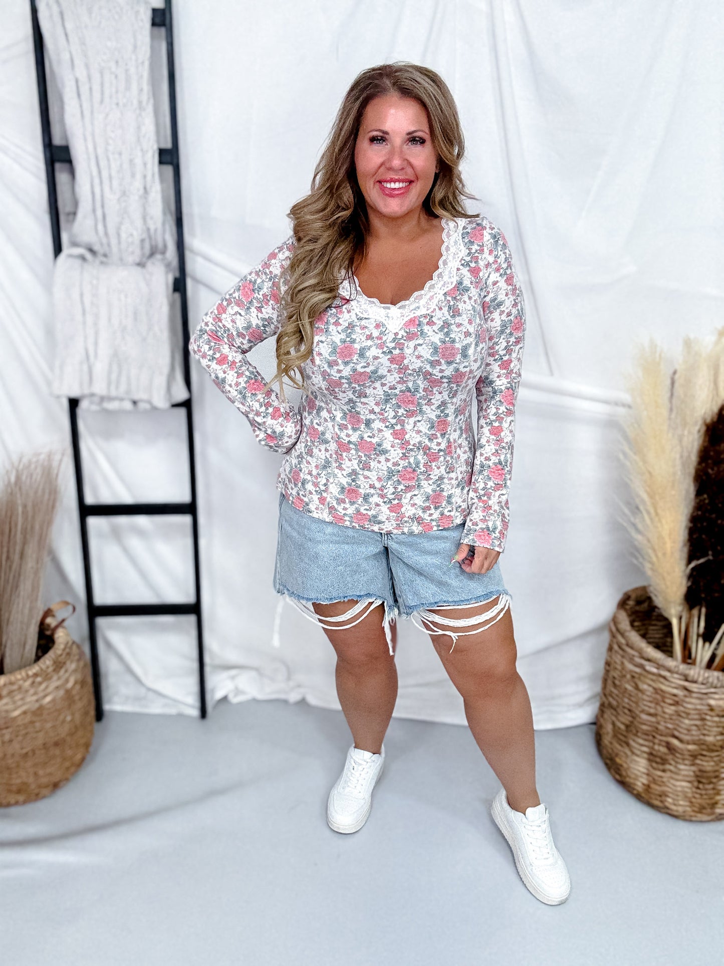 Long Sleeve Rose Print Top With Lace Trim