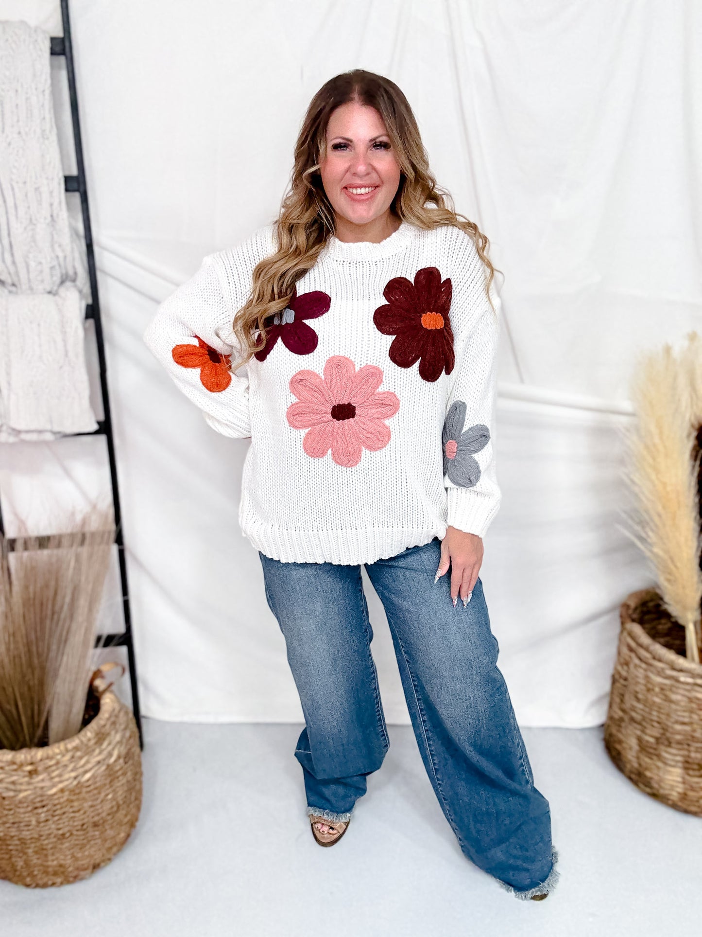 White Floral Warm Fall Floral Stitched Sweater