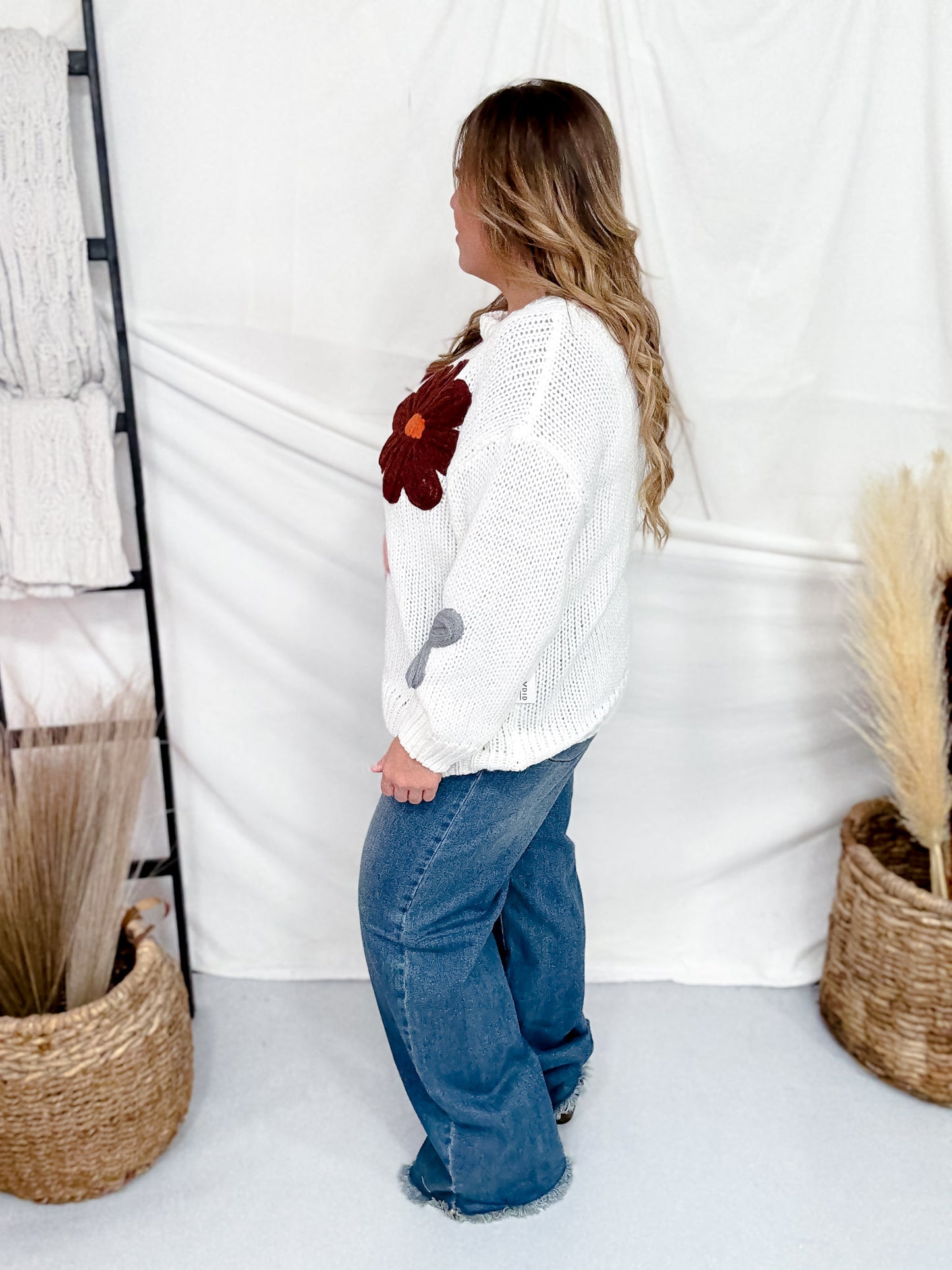 White Floral Warm Fall Floral Stitched Sweater