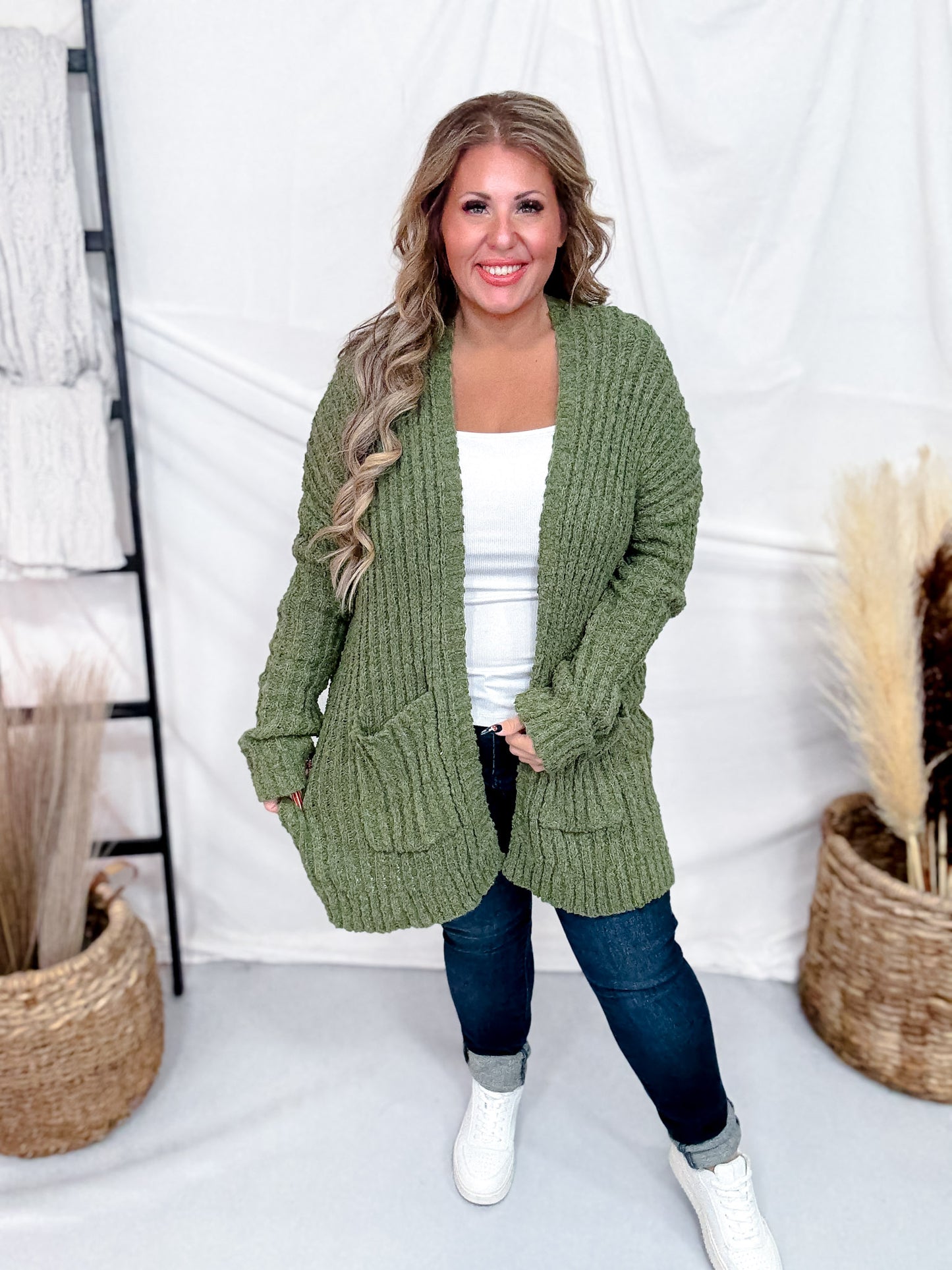 Olive Green Open Front Popcorn Textured Cardigan