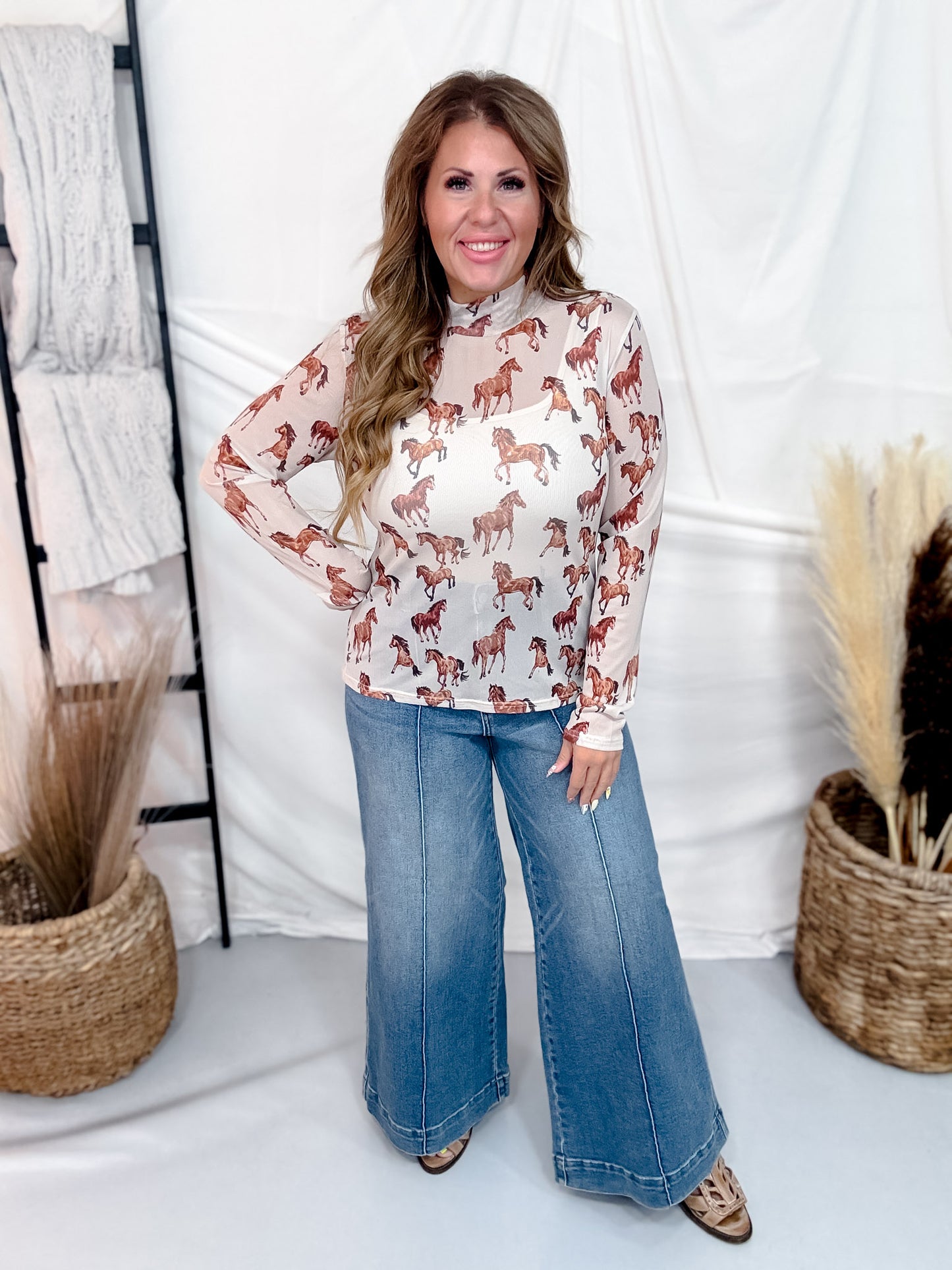 Long Sleeve Horse Print Mesh Top With Mock Neckline