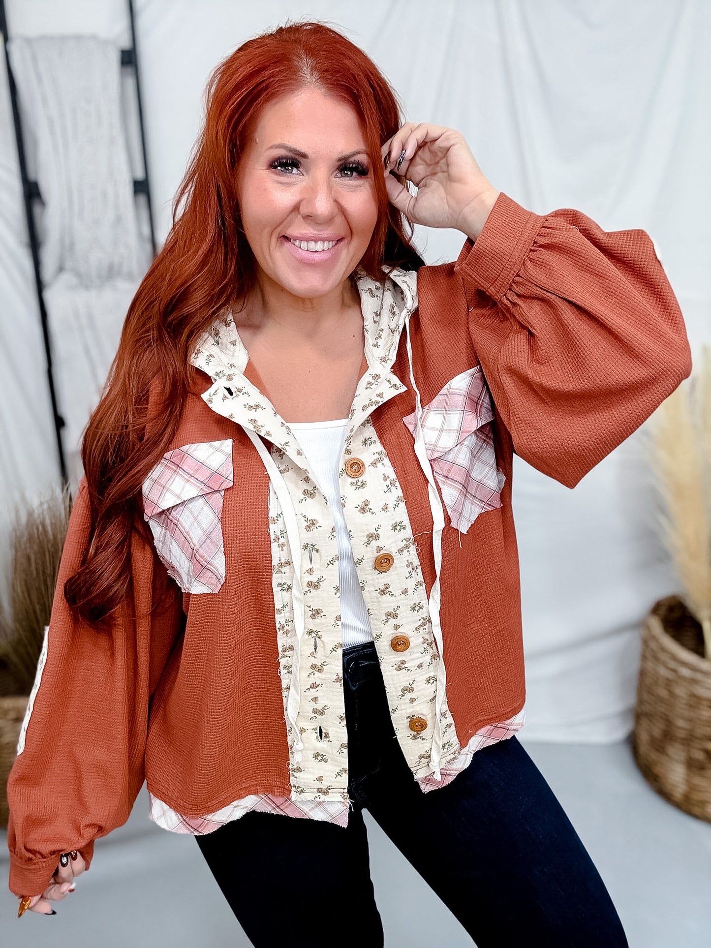 Mixed Print Chestnut Button Front Jacket