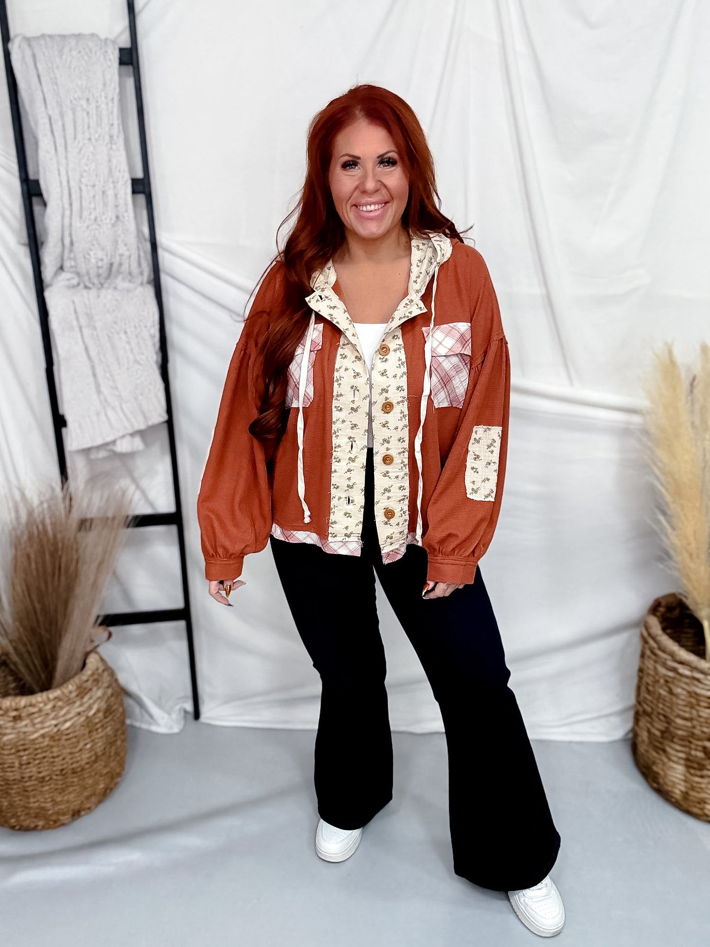 Mixed Print Chestnut Button Front Jacket