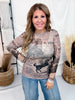 Vintage Western Newspaper Print Long Sleeve Mesh Top
