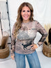Vintage Western Newspaper Print Long Sleeve Mesh Top