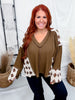 Patchwork Crochet Sleeve Waffle Knit Top W/ Contrast Mixed-Media Panels