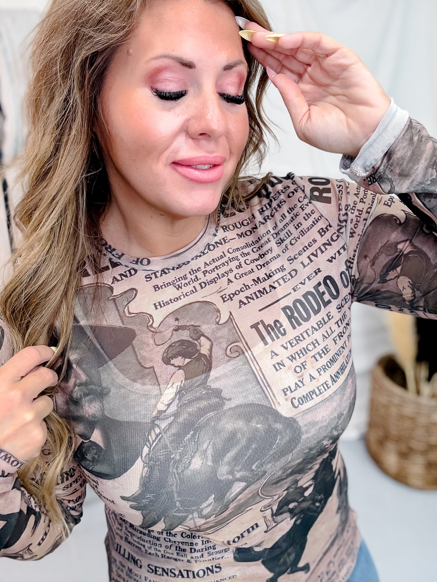 Vintage Western Newspaper Print Long Sleeve Mesh Top
