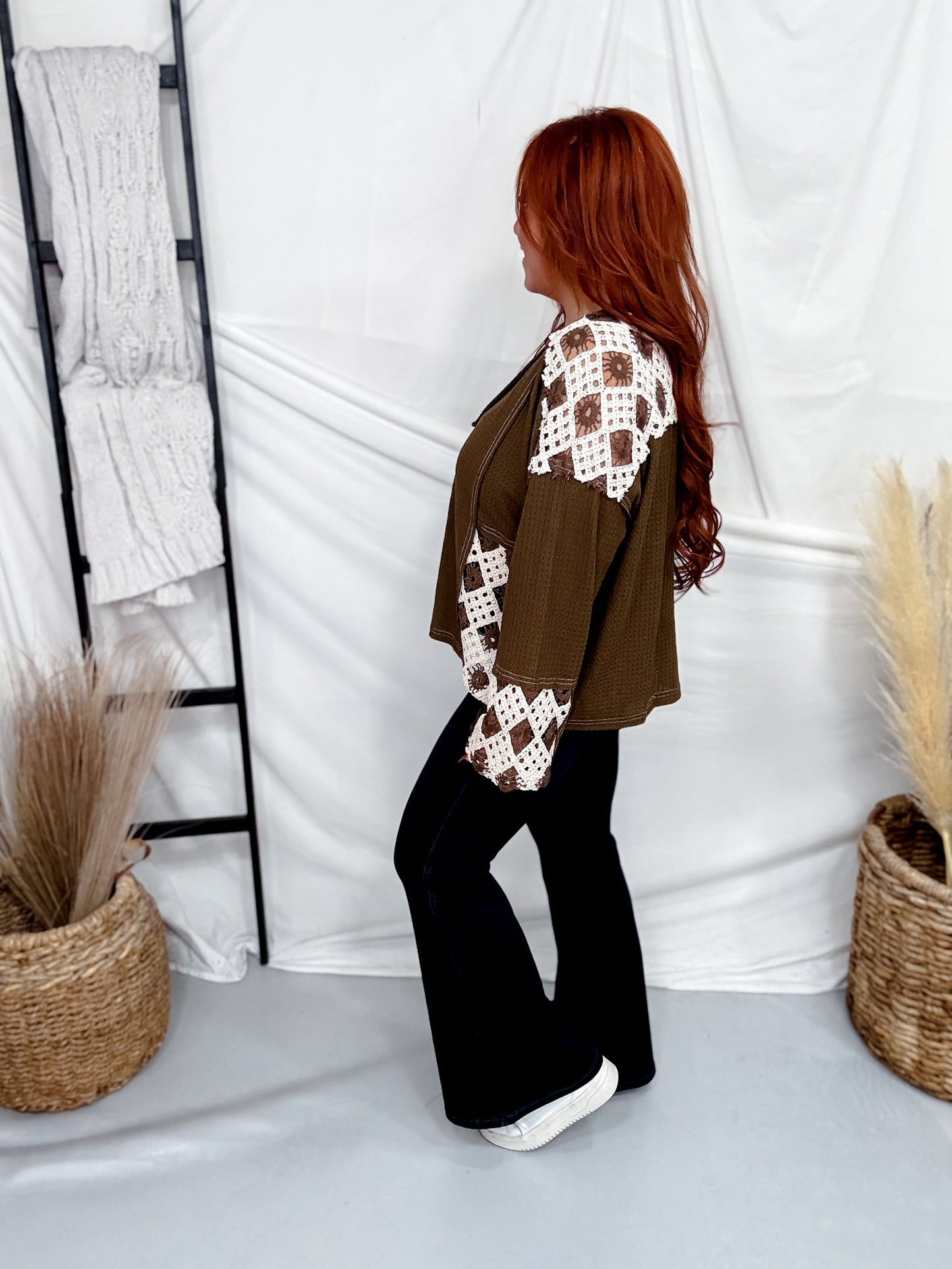 Patchwork Crochet Sleeve Waffle Knit Top W/ Contrast Mixed-Media Panels