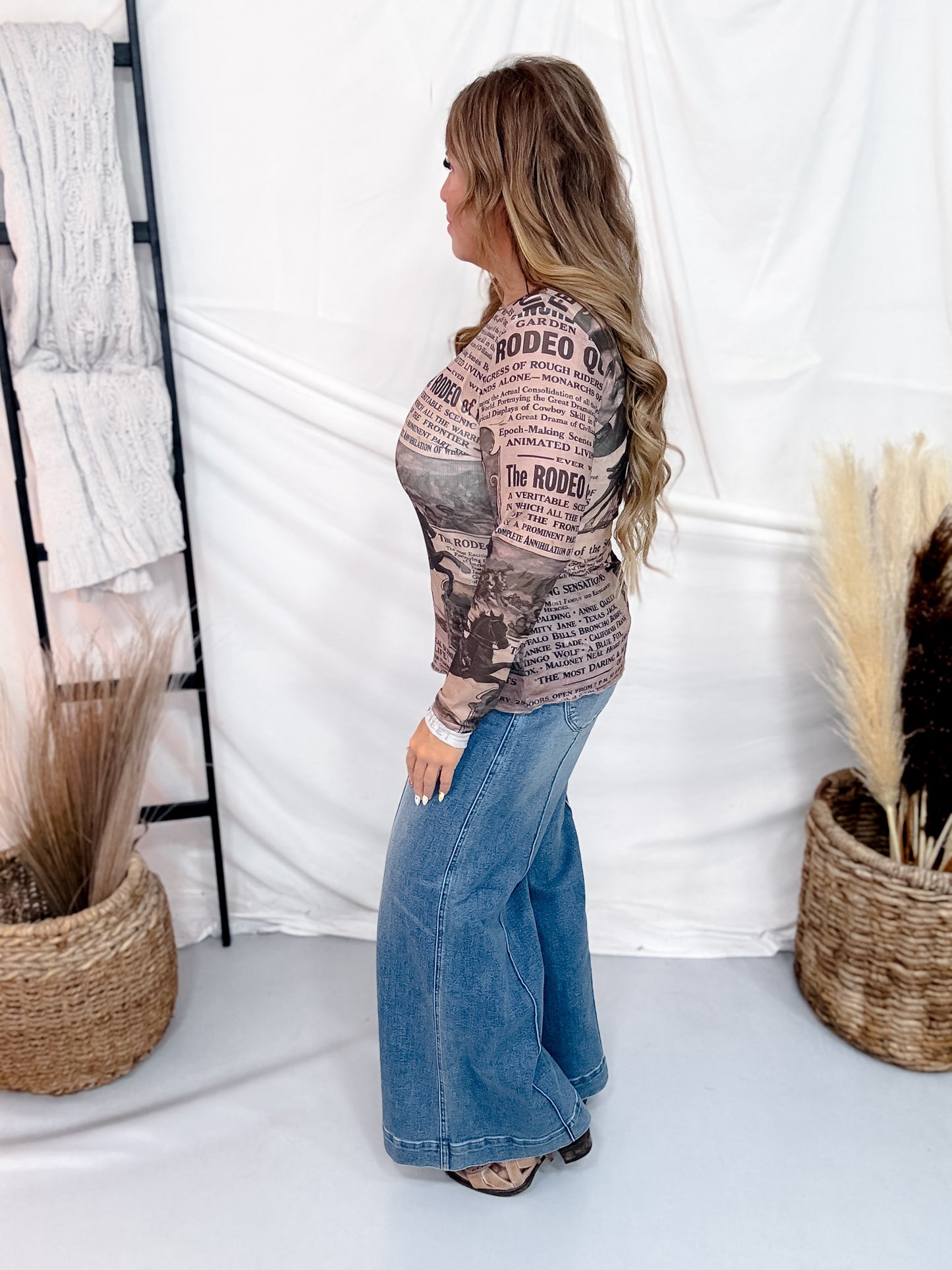 Vintage Western Newspaper Print Long Sleeve Mesh Top