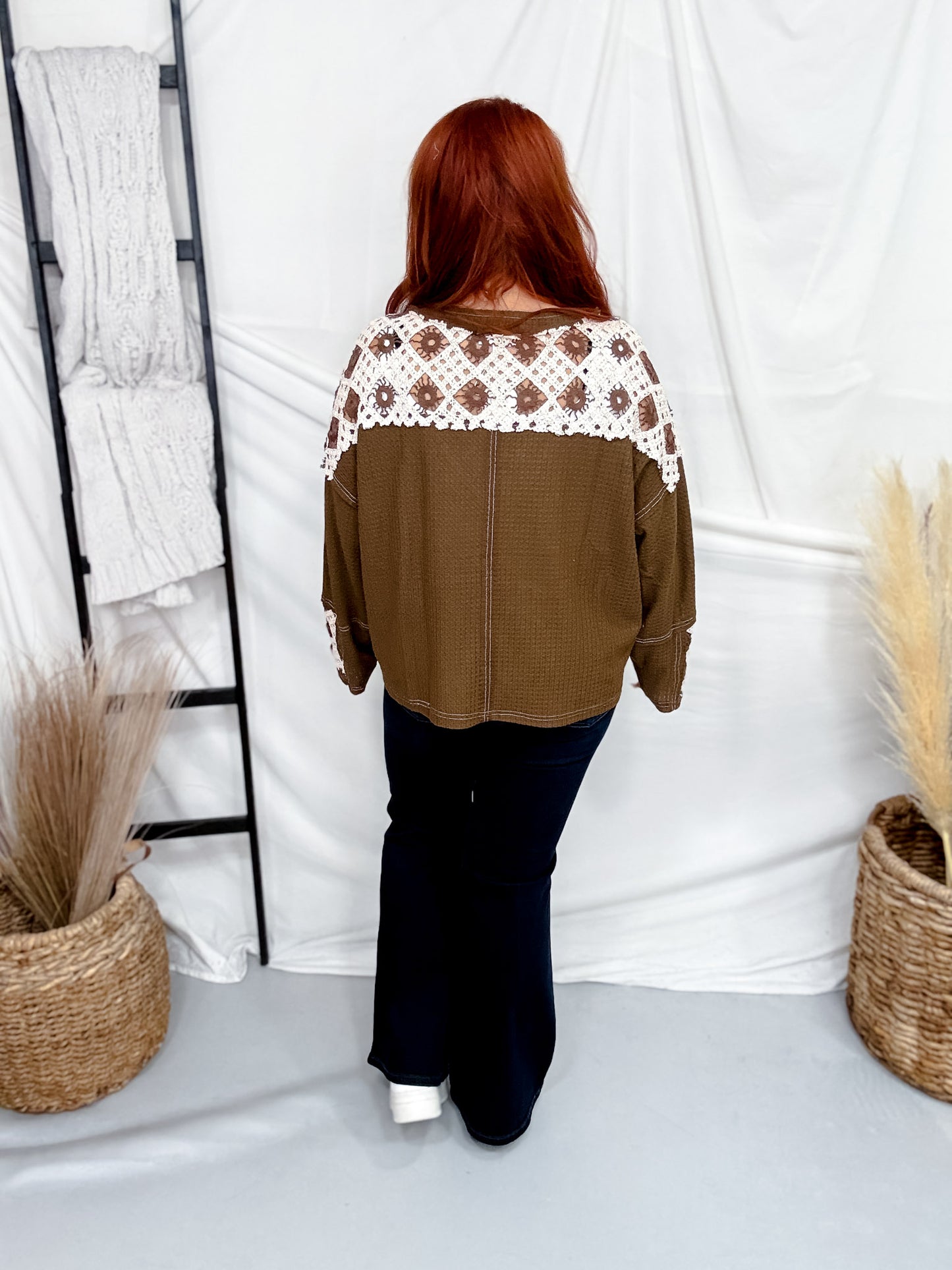 Patchwork Crochet Sleeve Waffle Knit Top W/ Contrast Mixed-Media Panels