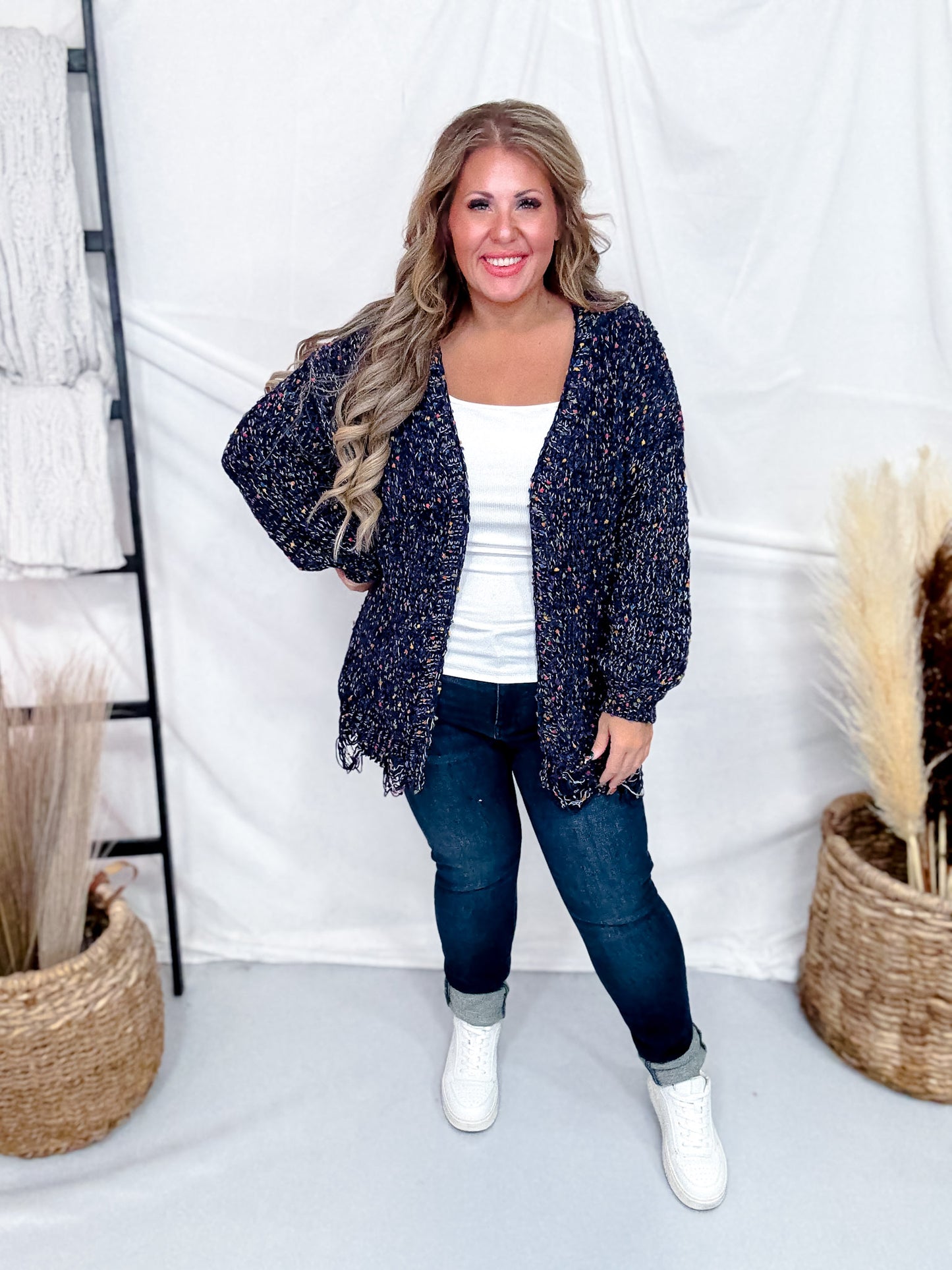 Navy Chenille Destroyed Cardigan With Rainbow Popcorn Texture