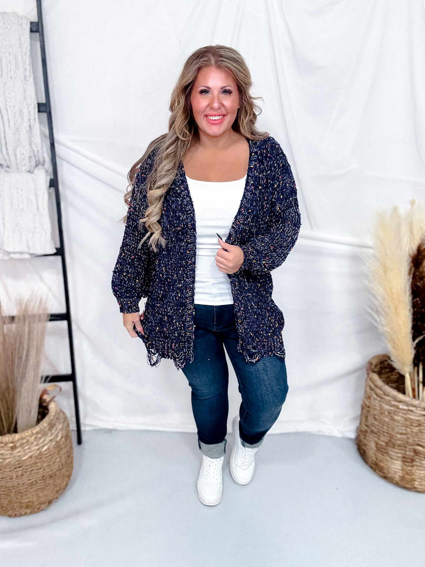 Navy Chenille Destroyed Cardigan With Rainbow Popcorn Texture