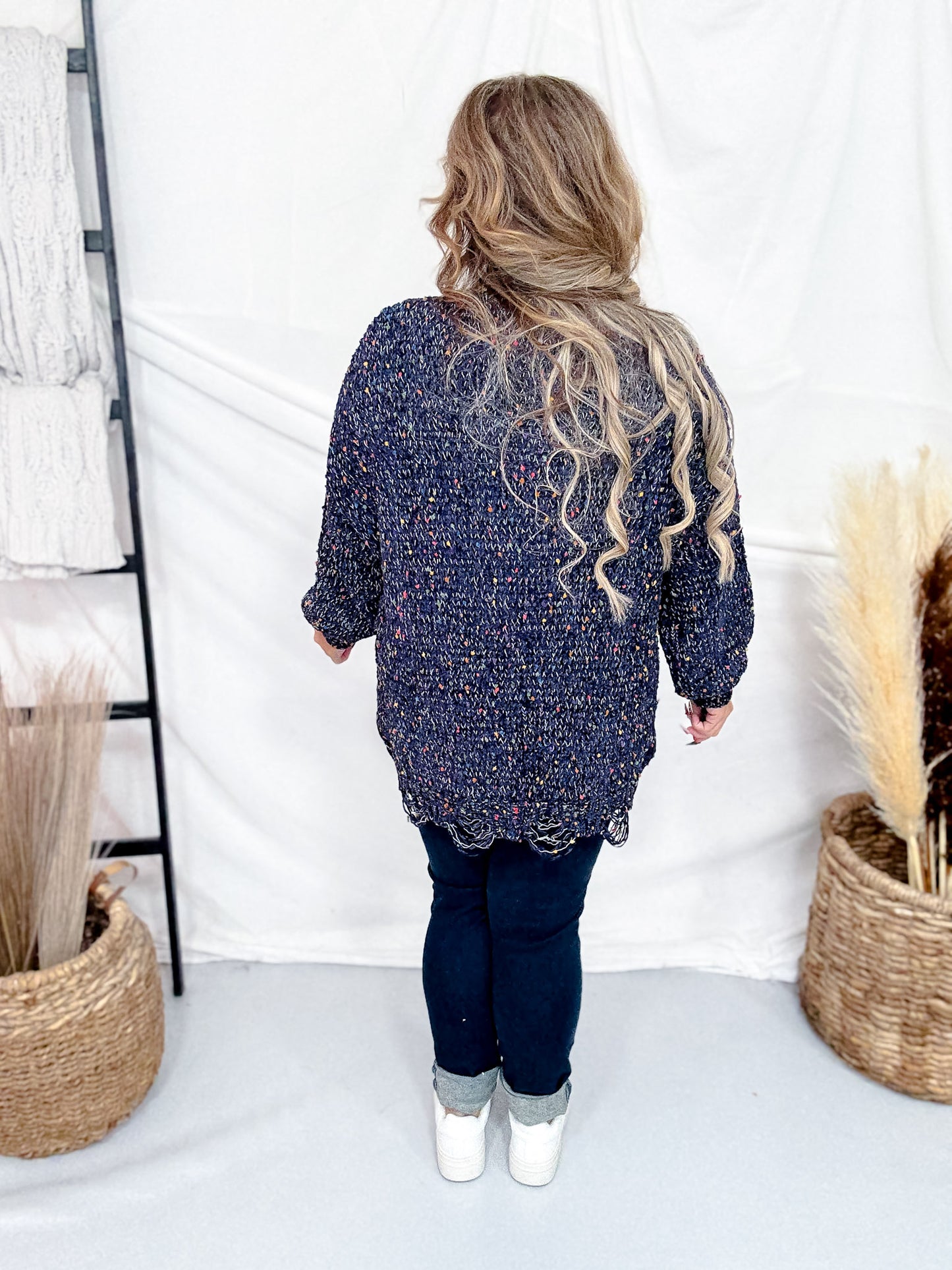 Navy Chenille Destroyed Cardigan With Rainbow Popcorn Texture